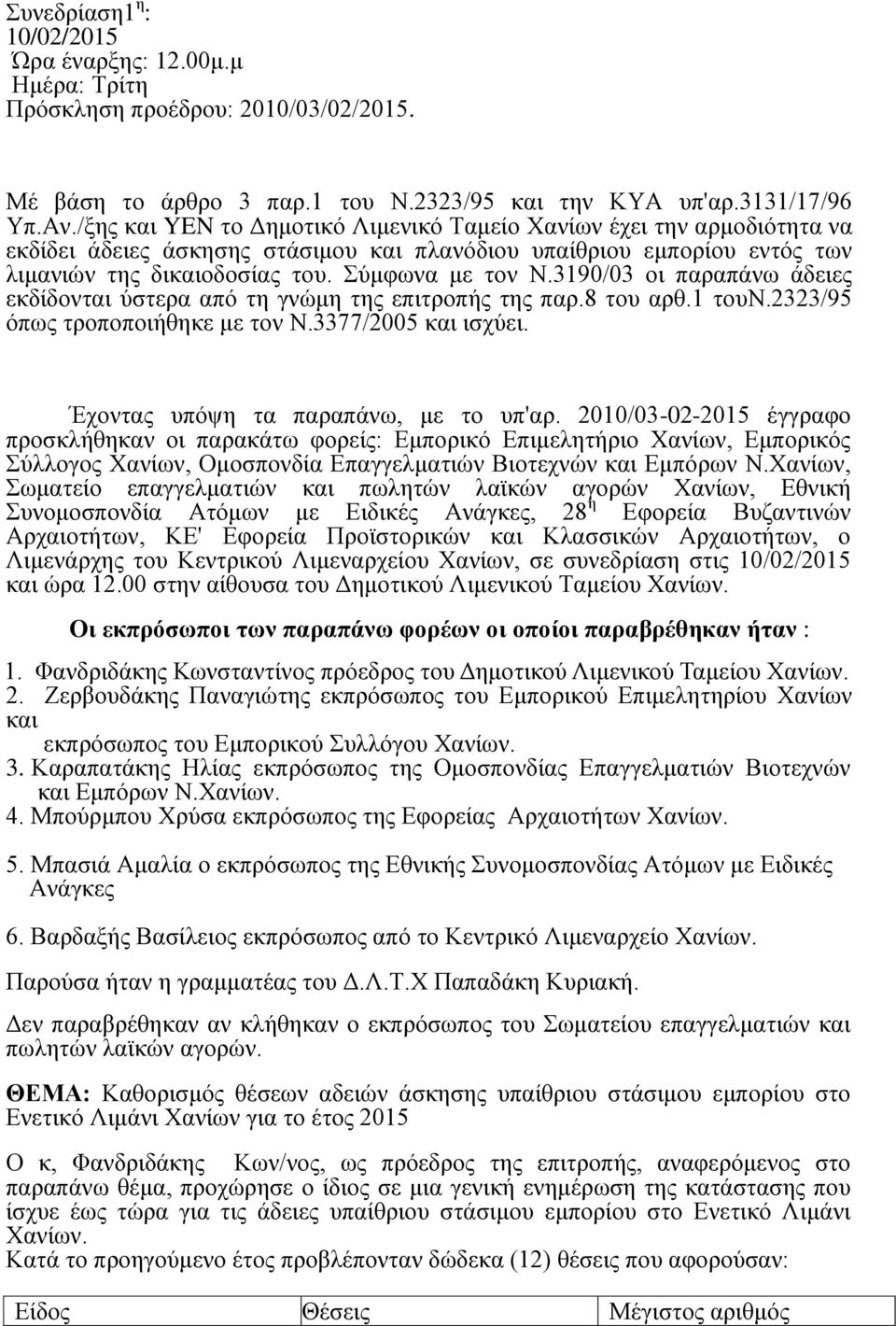 3190/03 οι παραπάνω άδειες εκδίδονται ύστερα από τη γνώμη της επιτροπής της παρ.8 του αρθ.1 τουν.2323/95 όπως τροποποιήθηκε με τον Ν.3377/2005 και ισχύει. Έχοντας υπόψη τα παραπάνω, με το υπ'αρ.