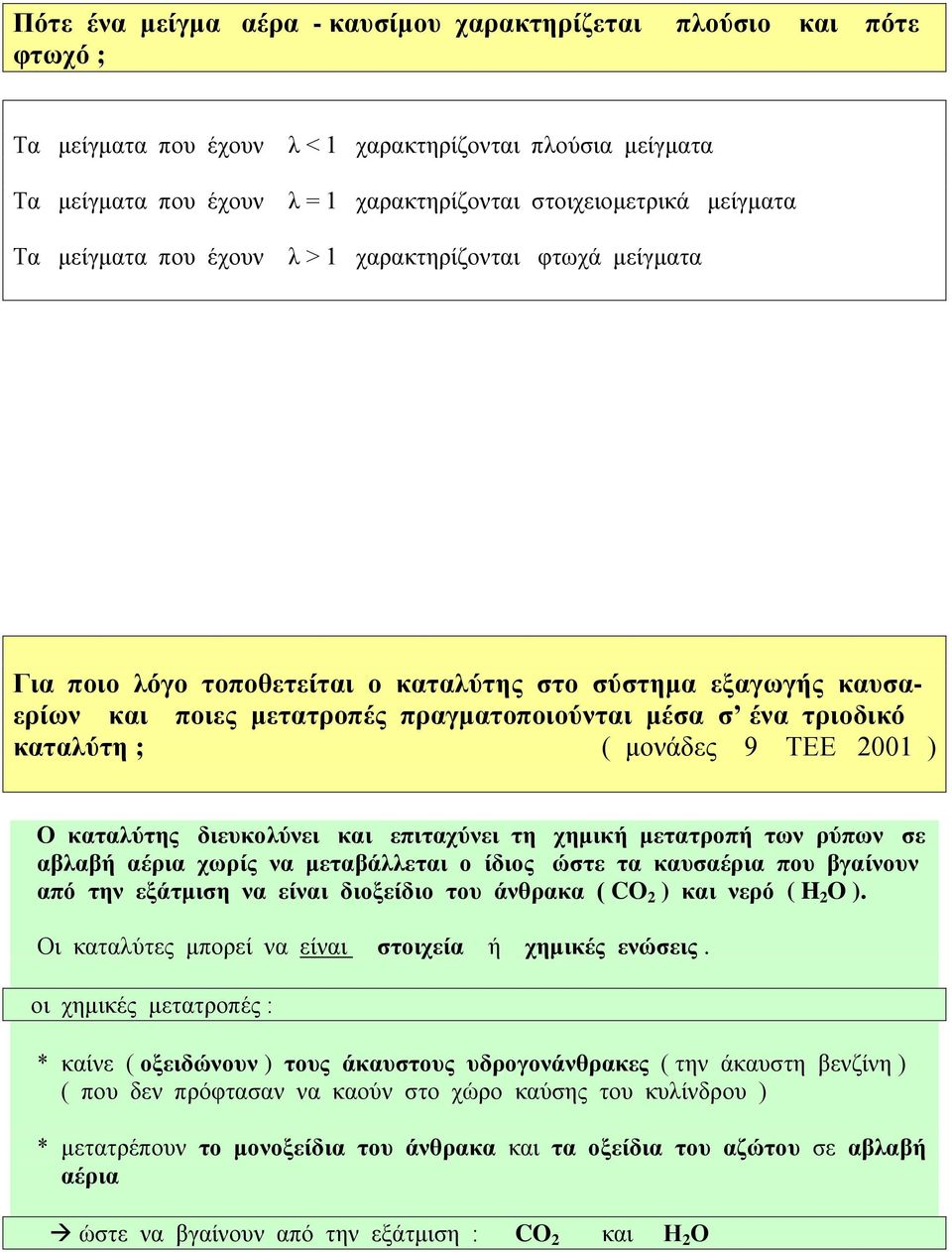 καταλύτη ; ( μονάδες 9 ΤΕΕ 2001 ) Ο καταλύτης διευκολύνει και επιταχύνει τη χημική μετατροπή των ρύπων σε αβλαβή αέρια χωρίς να μεταβάλλεται ο ίδιος ώστε τα καυσαέρια που βγαίνουν από την εξάτμιση να