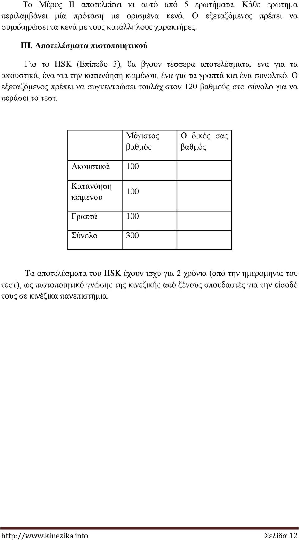 Ο εξεταζόμενος πρέπει να συγκεντρώσει τουλάχιστον 120 βαθμούς στο σύνολο για να περάσει το τεστ.