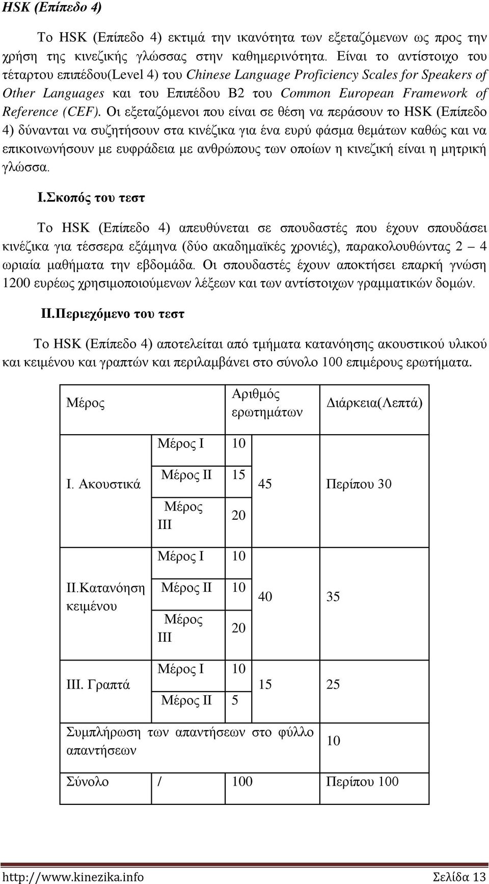 Οι εξεταζόμενοι που είναι σε θέση να περάσουν το HSK (Επίπεδο 4) δύνανται να συζητήσουν στα κινέζικα για ένα ευρύ φάσμα θεμάτων καθώς και να επικοινωνήσουν με ευφράδεια με ανθρώπους των οποίων η