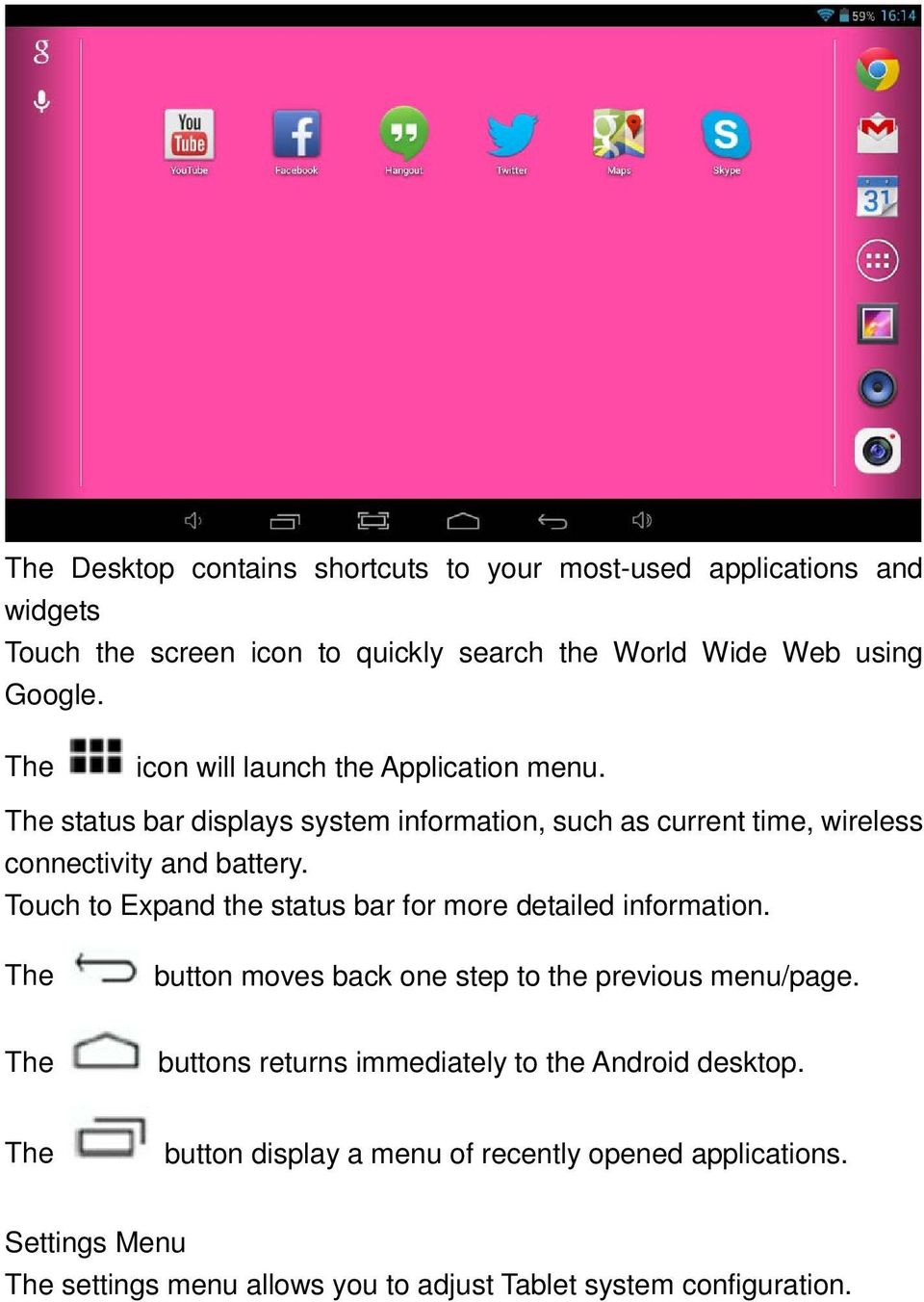 Touch to Expand the status bar for more detailed information. The button moves back one step to the previous menu/page.