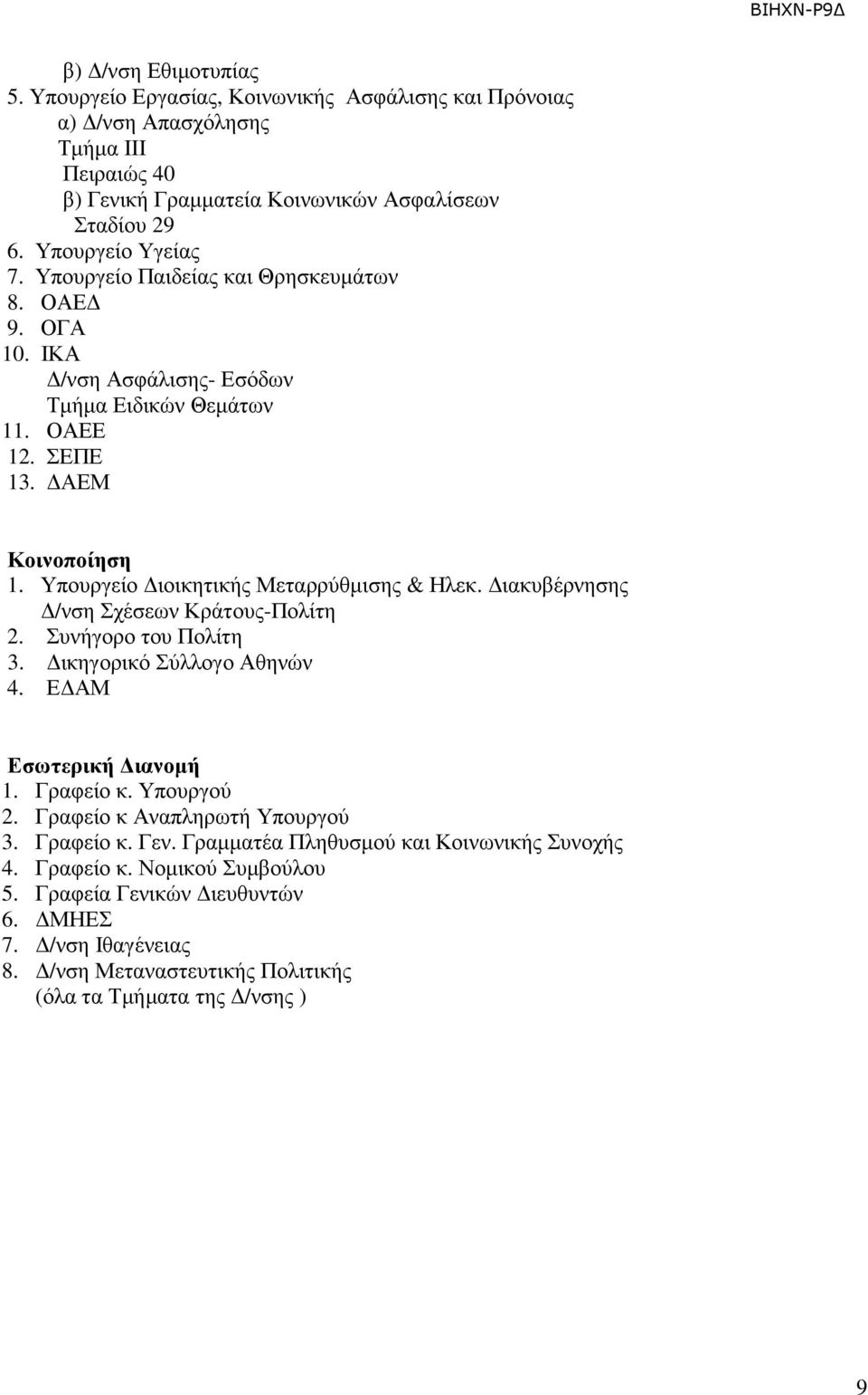 Υπουργείο ιοικητικής Μεταρρύθµισης & Ηλεκ. ιακυβέρνησης /νση Σχέσεων Κράτους-Πολίτη 2. Συνήγορο του Πολίτη 3. ικηγορικό Σύλλογο Αθηνών 4. Ε ΑΜ Εσωτερική ιανοµή 1. Γραφείο κ. Υπουργού 2.