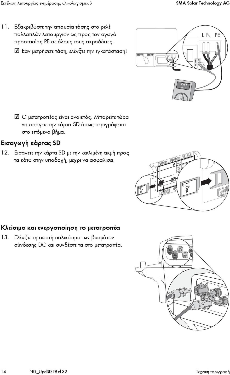 Εάν μετρήσετε τάση, ελέγξτε την εγκατάσταση! Ο μετατροπέας είναι ανοικτός. Μπορείτε τώρα να εισάγετε την κάρτα SD όπως περιγράφεται στο επόμενο βήμα.