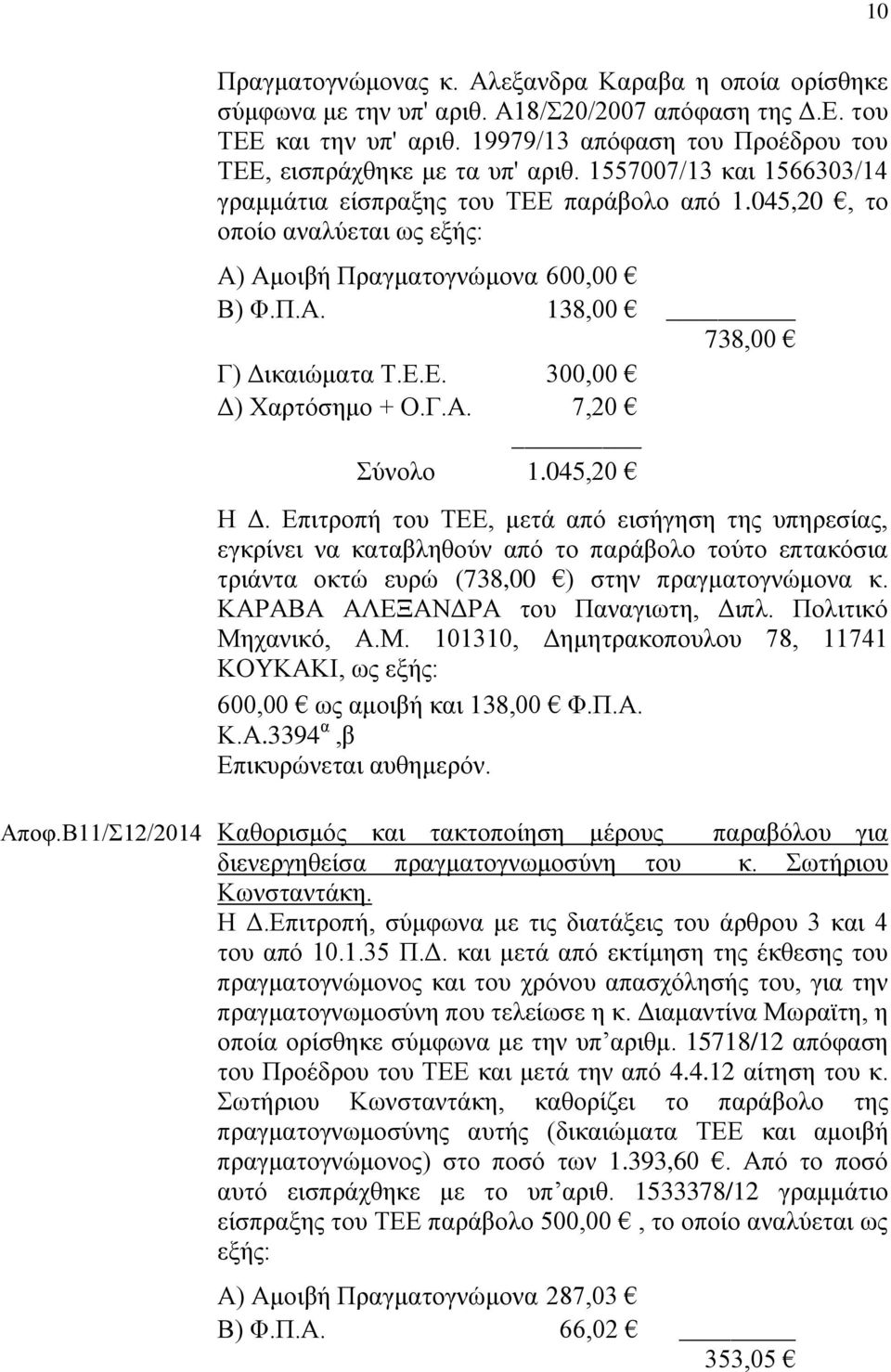 045,20, το οποίο αναλύεται ως εξής: Α) Αμοιβή Πραγματογνώμονα 600,00 Β) Φ.Π.Α. 138,00 738,00 Γ) Δικαιώματα Τ.Ε.Ε. 300,00 Δ) Χαρτόσημο + Ο.Γ.Α. 7,20 Σύνολο 1.045,20 Η Δ.