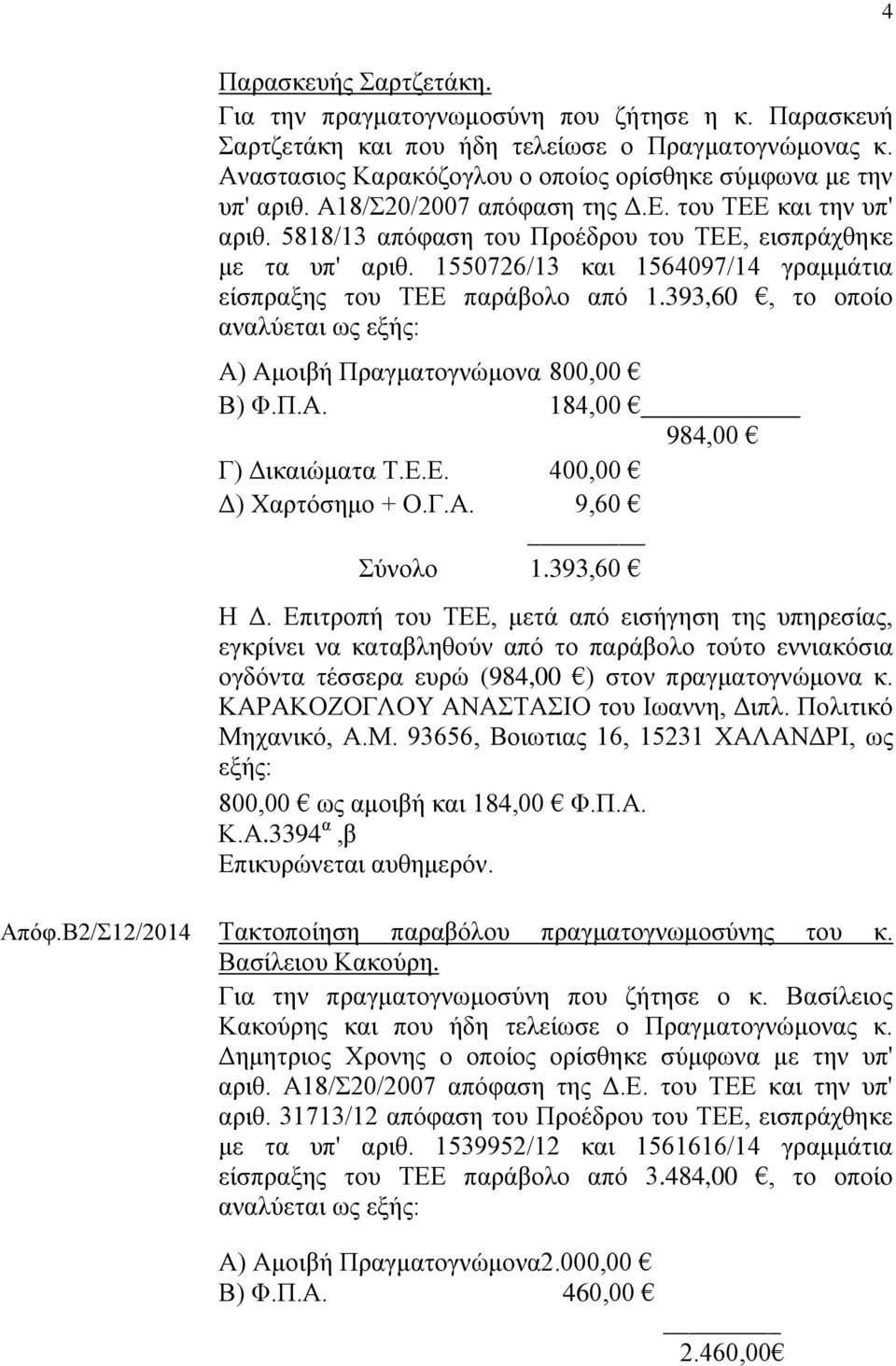 393,60, το οποίο αναλύεται ως εξής: Α) Αμοιβή Πραγματογνώμονα 800,00 Β) Φ.Π.Α. 184,00 Γ) Δικαιώματα Τ.Ε.Ε. 400,00 Δ) Χαρτόσημο + Ο.Γ.Α. 9,60 Σύνολο 1.393,60 984,00 Η Δ.