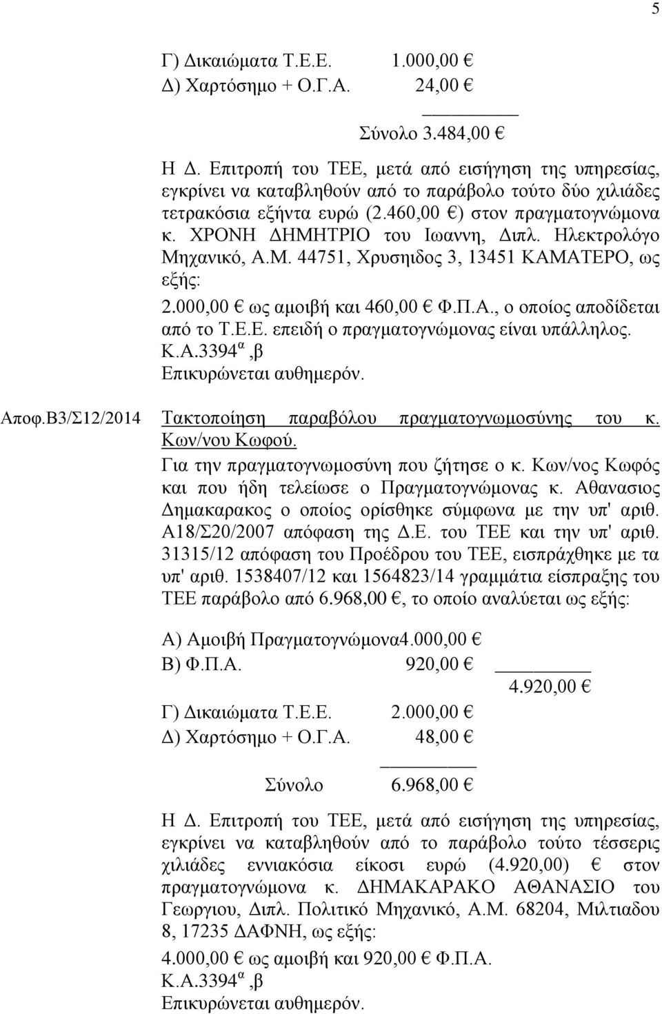 ΧΡΟΝΗ ΔΗΜΗΤΡΙΟ του Ιωαννη, Διπλ. Ηλεκτρολόγο Μηχανικό, Α.Μ. 44751, Χρυσηιδος 3, 13451 ΚΑΜΑΤΕΡΟ, ως εξής: 2.000,00 ως αμοιβή και 460,00 Φ.Π.Α., ο οποίος αποδίδεται από το Τ.Ε.Ε. επειδή ο πραγματογνώμονας είναι υπάλληλος.