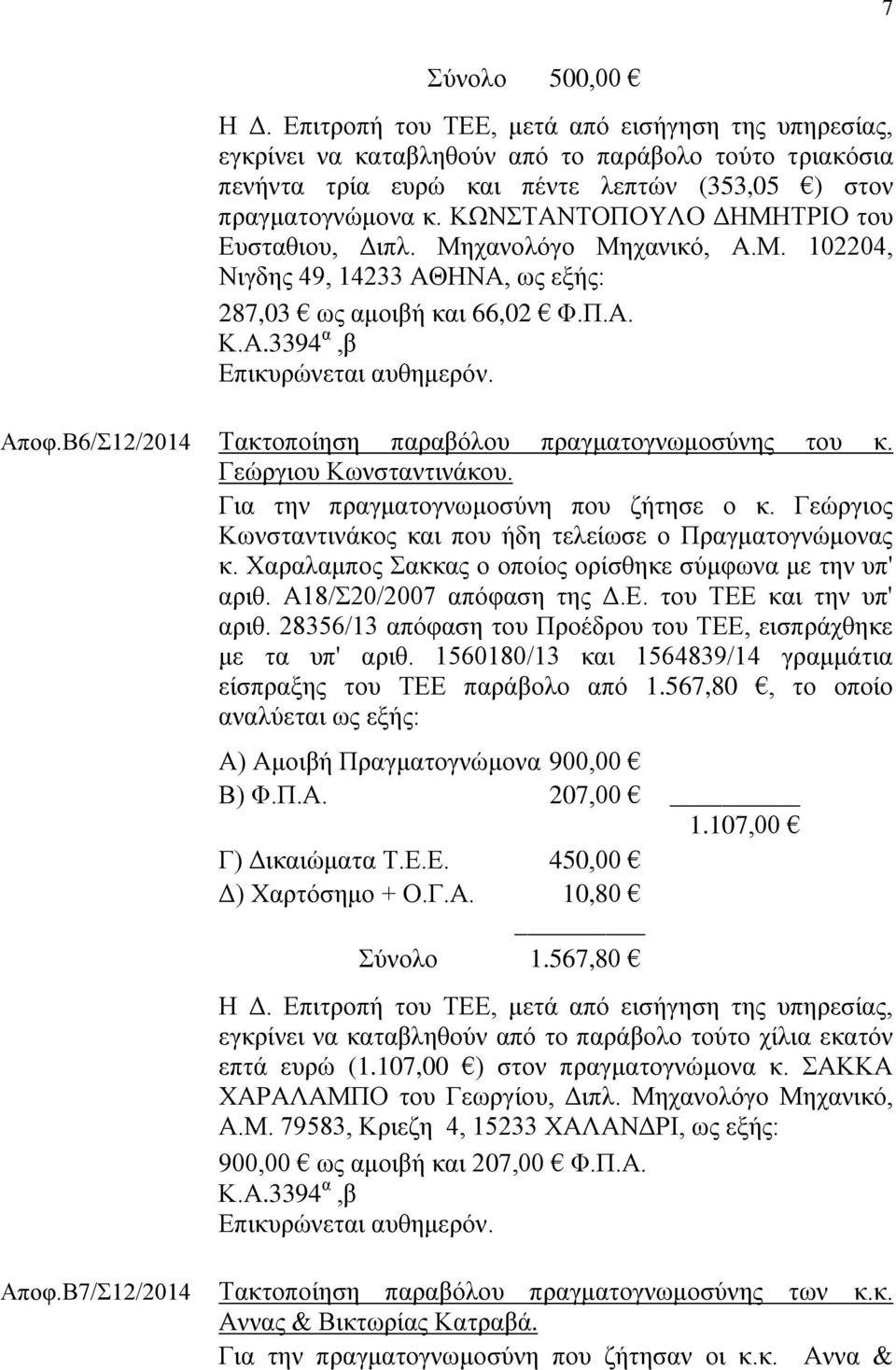 Β6/Σ12/2014 Τακτοποίηση παραβόλου πραγματογνωμοσύνης του κ. Γεώργιου Κωνσταντινάκου. Για την πραγματογνωμοσύνη που ζήτησε ο κ. Γεώργιος Κωνσταντινάκος και που ήδη τελείωσε ο Πραγματογνώμονας κ.