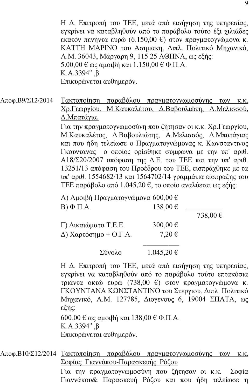 Β9/Σ12/2014 Τακτοποίηση παραβόλου πραγματογνωμοσύνης των κ.κ. Χρ.Γεωργίου, Μ.Καυκαλέτου, Δ.Βαβουλιώτη, Α.Μελισσού, Δ.Μπατάγια. Για την πραγματογνωμοσύνη που ζήτησαν οι κ.κ. Χρ.Γεωργίου, Μ.Καυκαλέτος, Δ.