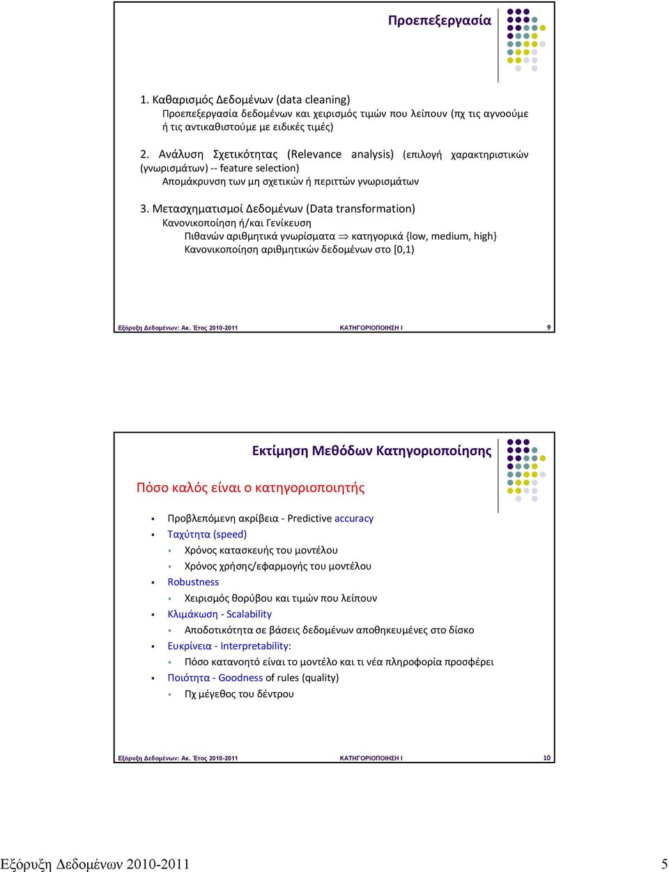 Μετασχηματισμοί Δεδομένων (Data transformation) Κανονικοποίηση ή/και Γενίκευση Πιθανών αριθμητικά γνωρίσματα κατηγορικά {low, medium, high} Κανονικοποίηση αριθμητικών δεδομένων στο [0,1) Εξόρυξη