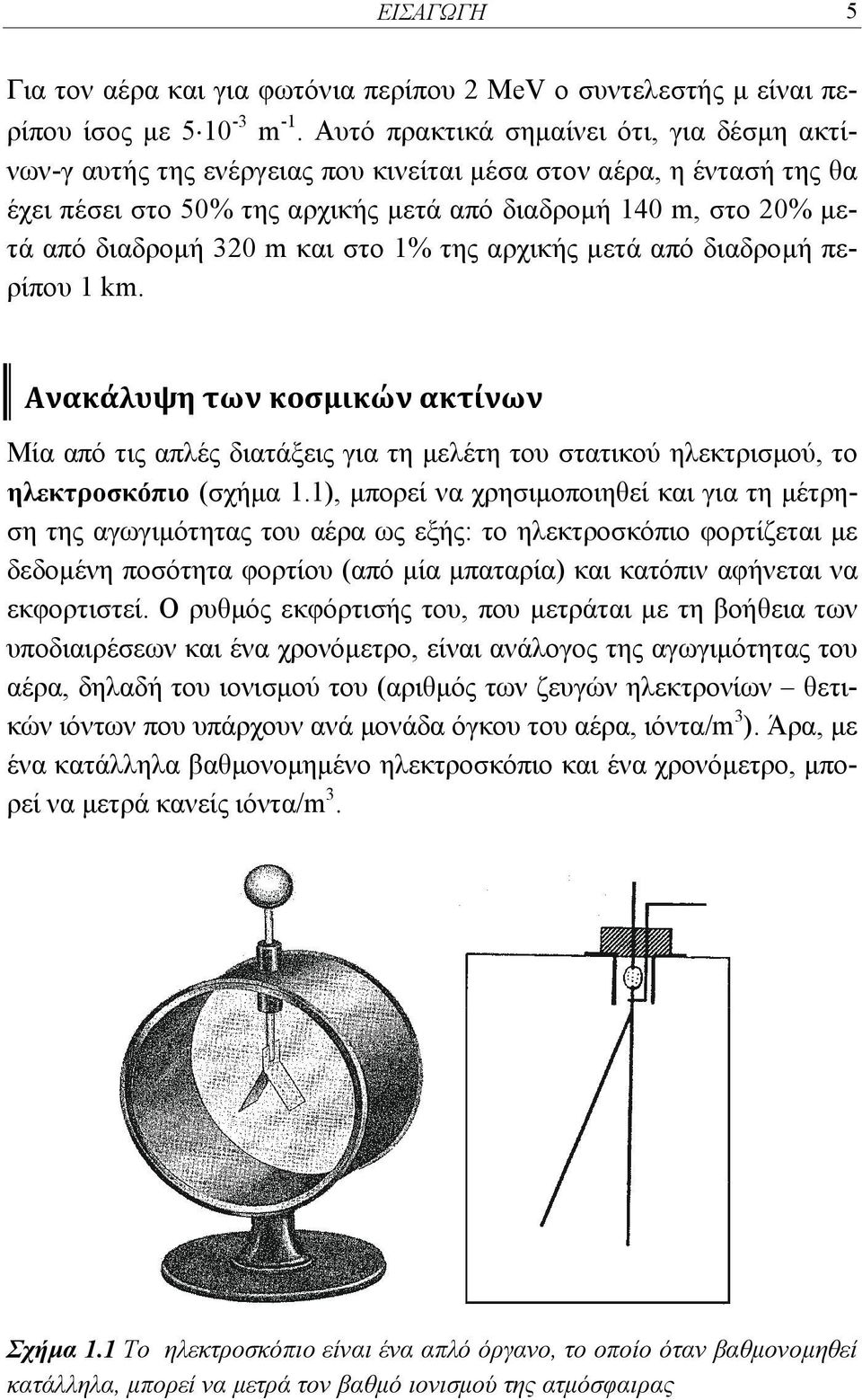 m και στο 1% της αρχικής μετά από διαδρομή περίπου 1 km. Ανακάλυψη των κοσμικών ακτίνων Μία από τις απλές διατάξεις για τη μελέτη του στατικού ηλεκτρισμού, το ηλεκτροσκόπιο (σχήμα 1.