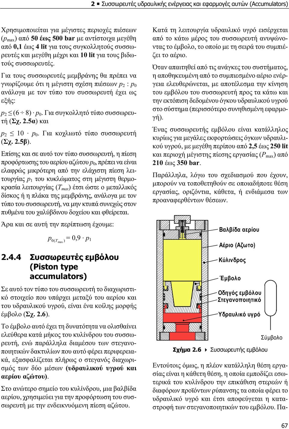 Για τους συσσωρευτές µεµβράνης θα πρέπει να γνωρίζουµε ότι η µέγιστη σχέση πιέσεων p 2 : p 0 ανάλογα µε τον τύπο του συσσωρευτή έχει ως εξής: p 2 (6 8). p 0. Για συγκολλητό τύπο συσσωρευτή (Σχ. 2.5α) και p 2 10.