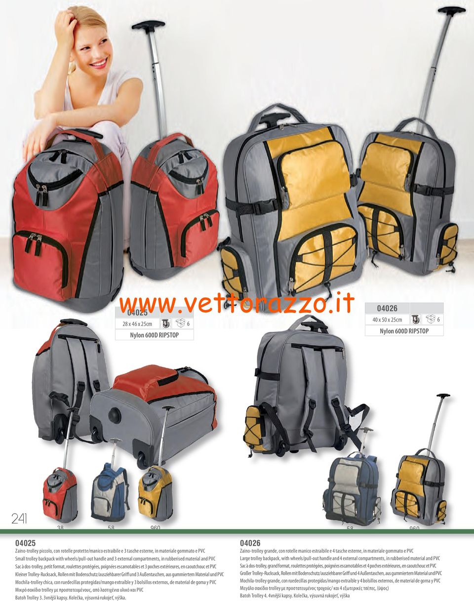 escamotables et 3 poches extérieures, en caoutchouc et PVC Kleiner Trolley-Rucksack, Rollen mit Bodenschutz/ausziehbarer Griff und 3 Außentaschen, aus gummiertem Material und PVC Mochila-trolley