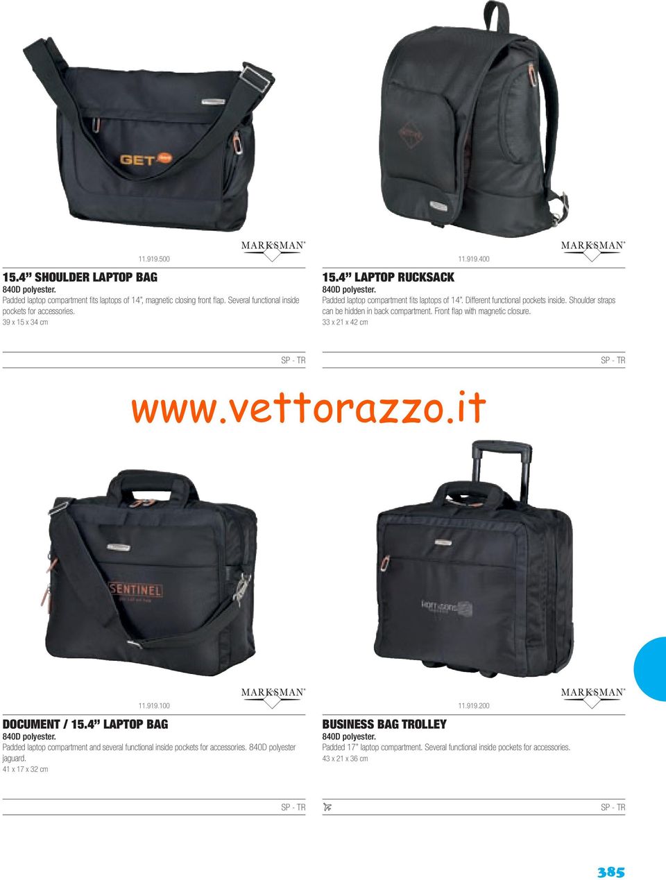 Front flap with magnetic closure. 33 x 21 x 42 cm 11.919.100 DOCUMENT / 15.4 LAPTOP BAG 840D polyester. Padded laptop compartment and several functional inside pockets for accessories.