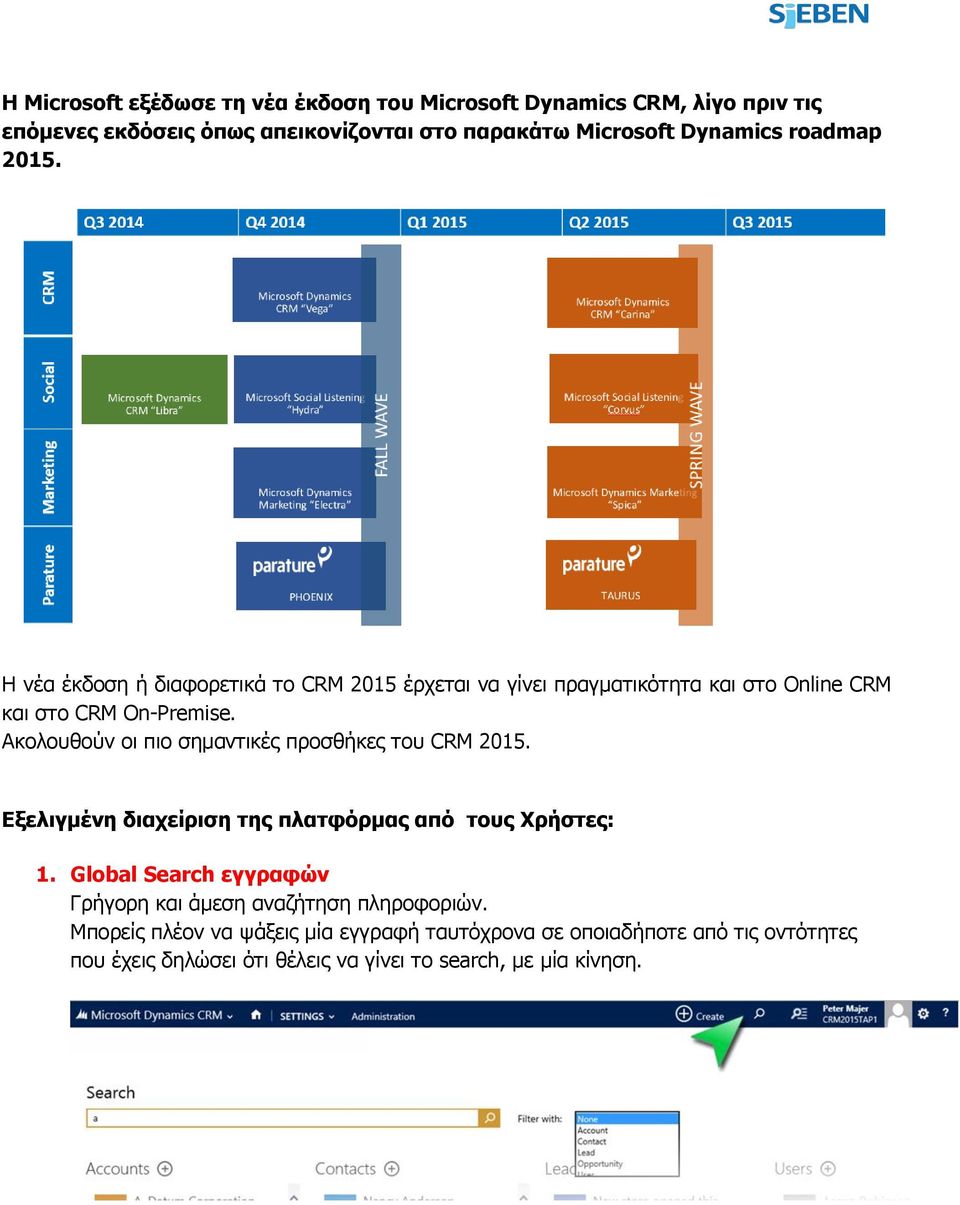 Ακολουθούν οι πιο σημαντικές προσθήκες του CRM 2015. Εξελιγμένη διαχείριση της πλατφόρμας από τους Χρήστες: 1.