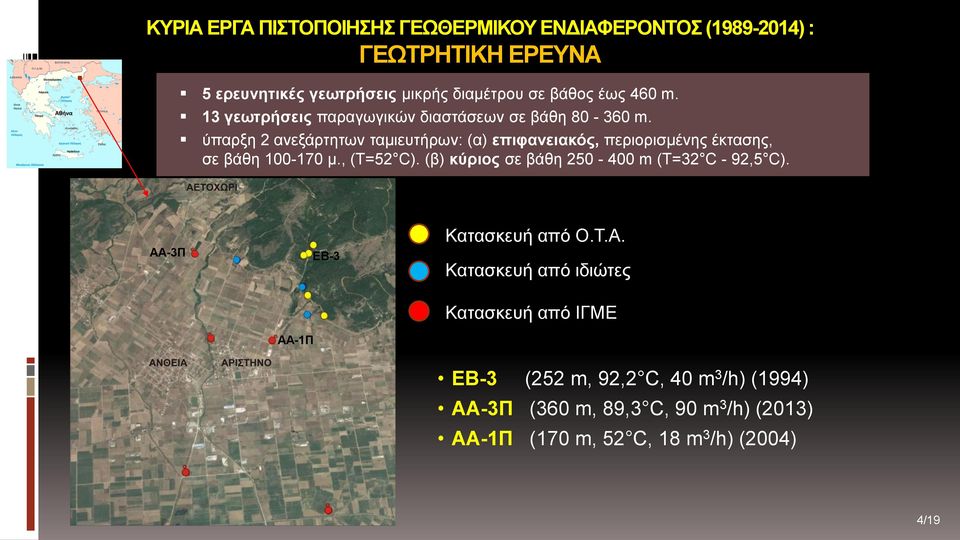 ύπαρξη 2 ανεξάρτητων ταμιευτήρων: (α) επιφανειακός, περιορισμένης έκτασης, σε βάθη 100-170 μ., (T=52 C).