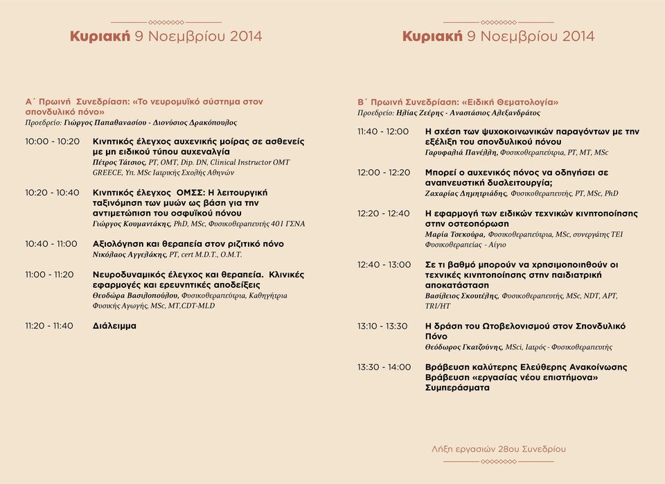 MSc Ιατρικής Σχολής Αθηνών 10:20-10:40 Κινητικός έλεγχος ΟΜΣΣ: Η λειτουργική ταξινόμηση των μυών ως βάση για την αντιμετώπιση του οσφυϊκού πόνου Γιώργος Κουμαντάκης, PhD, MSc, Φυσικοθεραπευτής 401