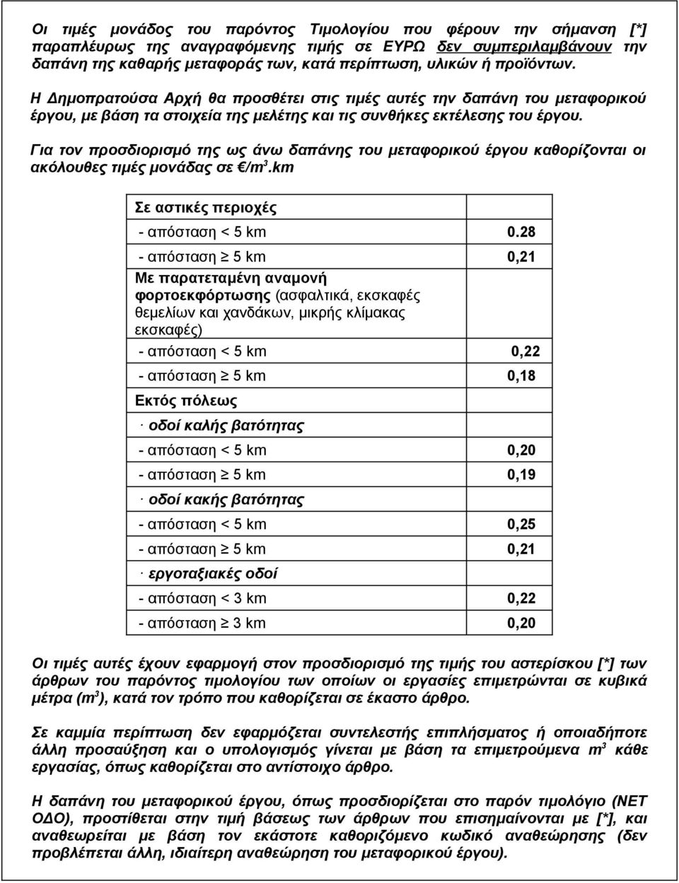 Για τον προσδιορισμό της ως άνω δαπάνης του μεταφορικού έργου καθορίζονται οι ακόλουθες τιμές μονάδας σε /m 3.km Σε αστικές περιοχές - απόσταση < 5 km 0.