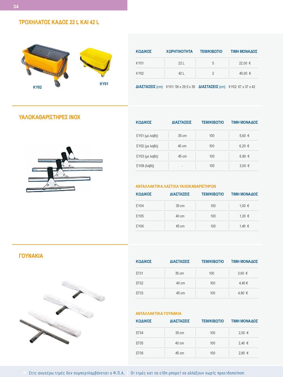 υαλοκαθαριστηρων ΚΩΔΙΚΟΣ ΔΙΑΣΤΑΣΕΙΣ ΤΕΜ/ΚΙΒΩΤΙΟ ΤΙΜΗ ΜΟΝΑΔΟΣ ΕΥ04 35 cm 100 1,00 ΕΥ05 40 cm 100 1,20 ΕΥ06 45 cm 100 1,40 ΓΟΥΝΑΚΙΑ ΚΩΔΙΚΟΣ ΔΙΑΣΤΑΣΕΙΣ ΤΕΜ/ΚΙΒΩΤΙΟ ΤΙΜΗ ΜΟΝΑΔΟΣ ΕΓ01