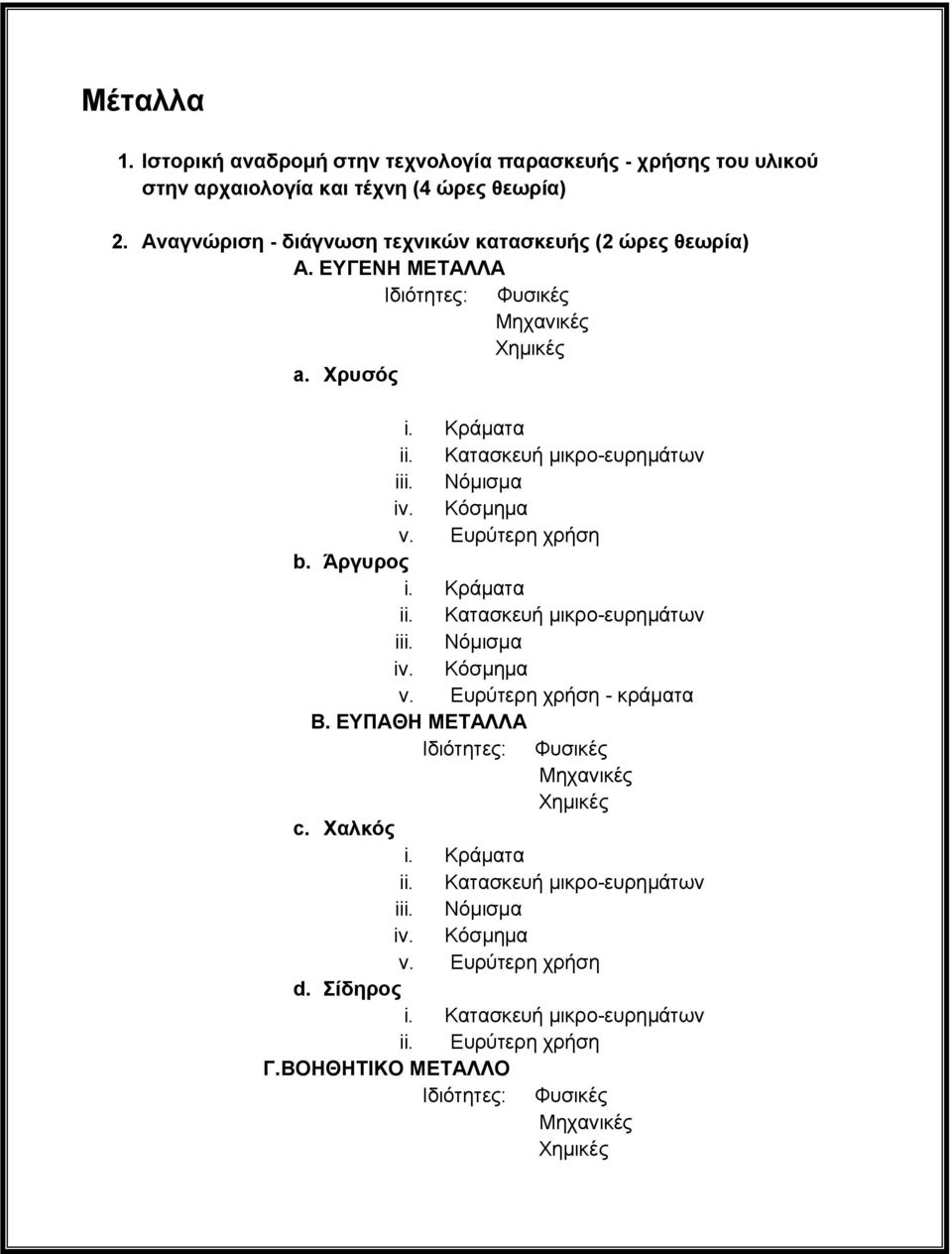 Νόμισμα iv. Κόσμημα v. Ευρύτερη χρήση b. Άργυρος i. Κράματα ii. Κατασκευή μικρο-ευρημάτων iii. Νόμισμα iv. Κόσμημα v. Ευρύτερη χρήση - κράματα Β.