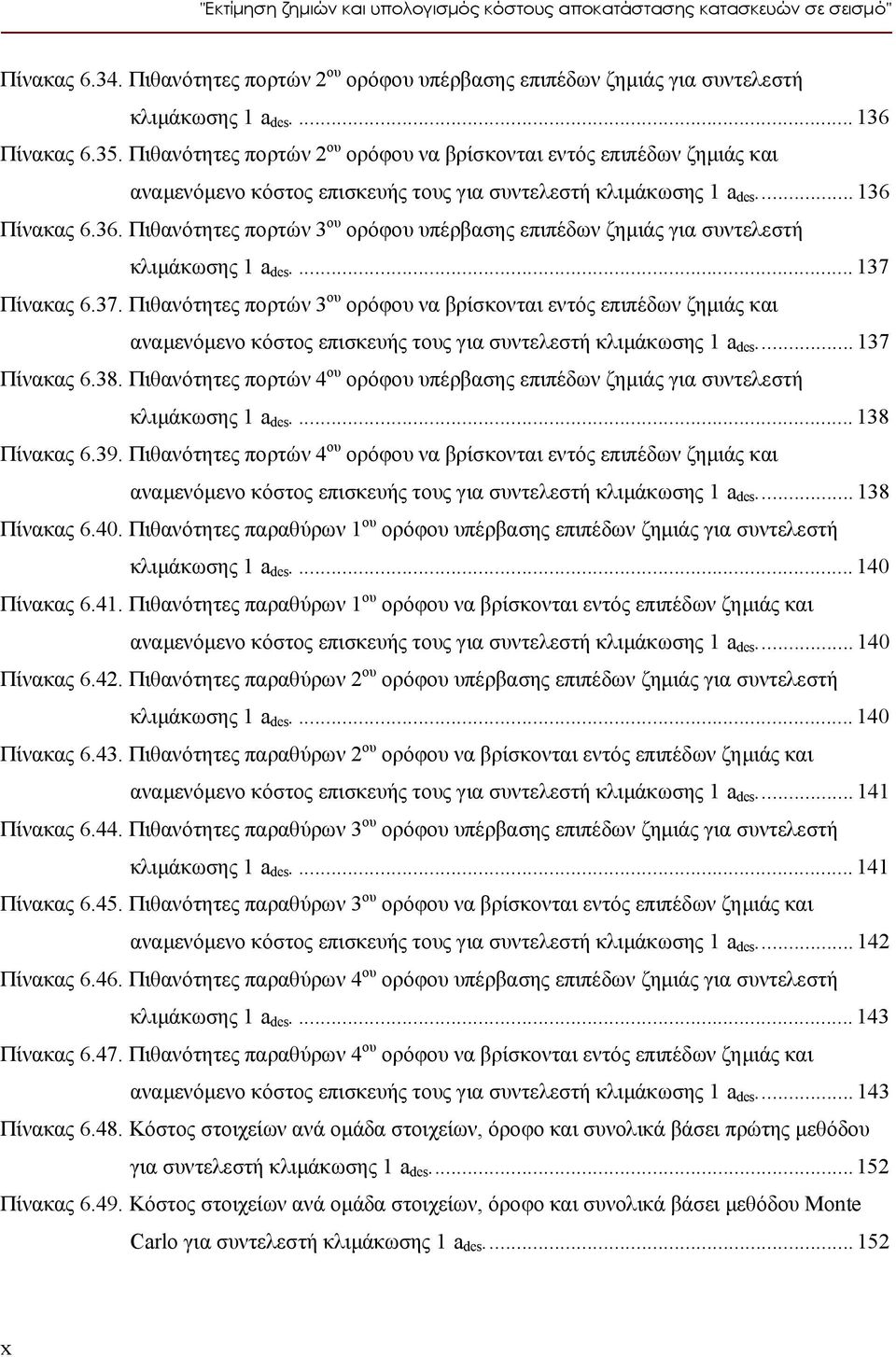 Πίνακας 6.36. Πιθανότητες πορτών 3 ου ορόφου υπέρβασης επιπέδων ζημιάς για συντελεστή κλιμάκωσης 1 a des...137 