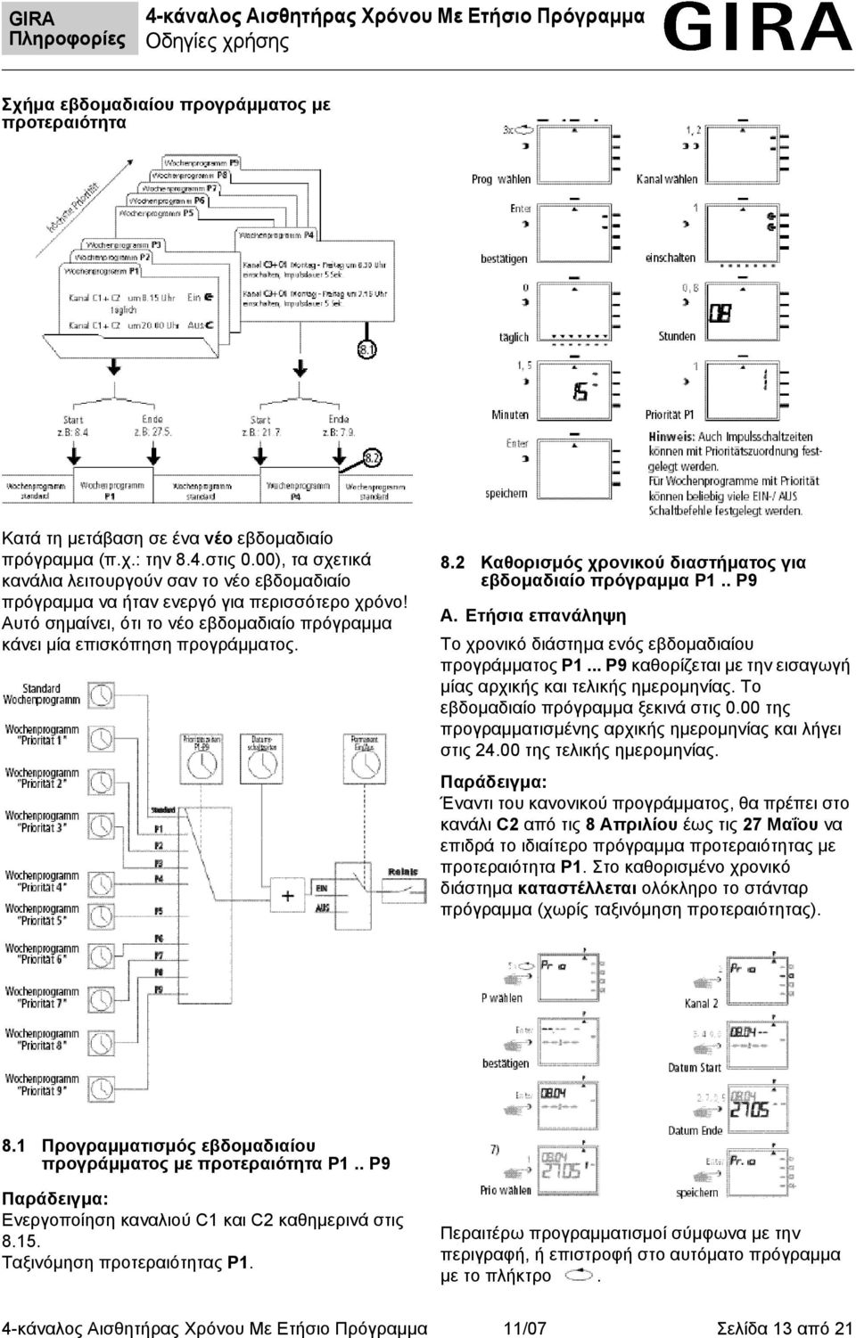 2 Καθορισμός χρονικού διαστήματος για εβδομαδιαίο πρόγραμμα P1.. P9 Α. Ετήσια επανάληψη Το χρονικό διάστημα ενός εβδομαδιαίου προγράμματος P1.