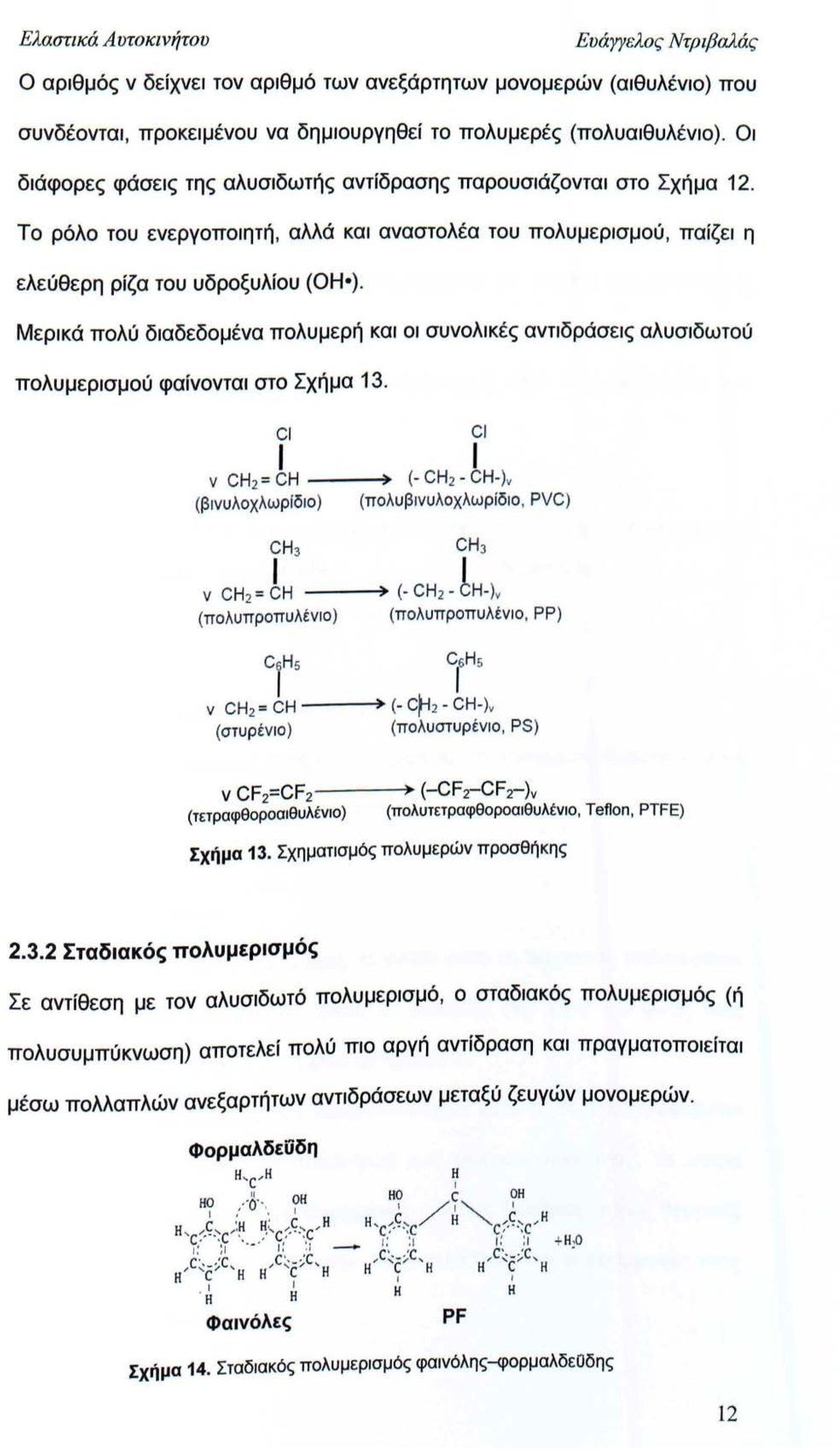 Μερικά πολύ διαδεδομένα πολυμερή και οι συνολικές αντιδράσεις αλυσιδωτού πολυμερισμού φαίνονται στο Σχήμα 13.