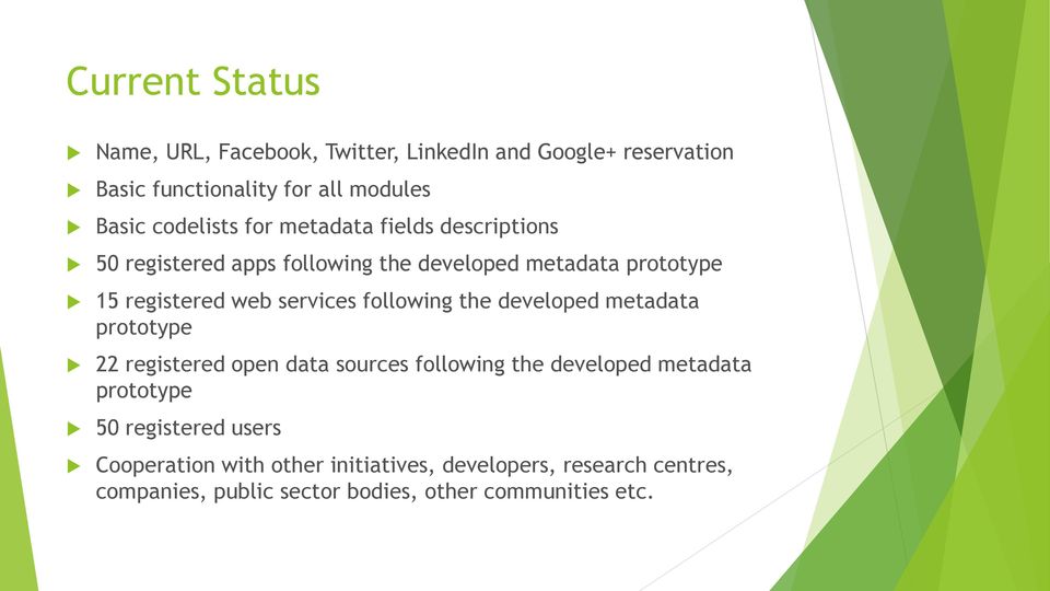 services following the developed metadata prototype 22 registered open data sources following the developed metadata prototype