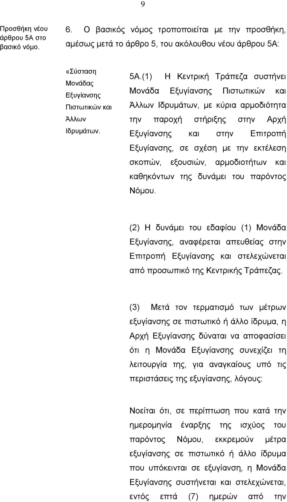 «Σύσταση Μονάδας Εξυγίανσης Πιστωτικών και Άλλων Ιδρυμάτων. 5Α.