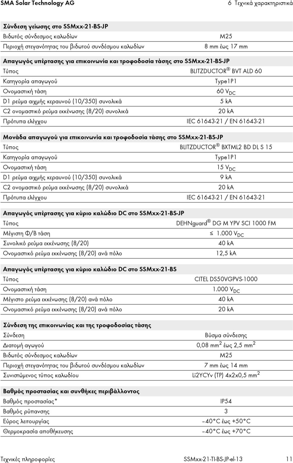 ονομαστικό ρεύμα εκκένωσης (8/20) συνολικά 20 ka Πρότυπα ελέγχου IEC 61643-21 / EN 61643-21 Μονάδα απαγωγού για επικοινωνία και τροφοδοσία τάσης στο SSMxx-21-BS-JP Τύπος BLITZDUCTOR BXTML2 BD DL S 15