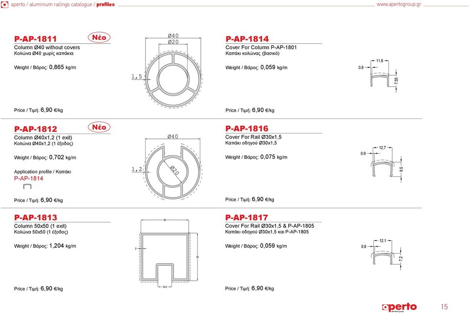 0,059 kg/m P-AP-1812 Column Ø40x1,2 (1 exit) Κολώνα Ø40x1,2 (1 έξοδος) Νέο P-AP-1816 Cover For Rail Ø30x1,5 Καπάκι οδηγού Ø30x1,5 Weight / Βάρος: 0,702