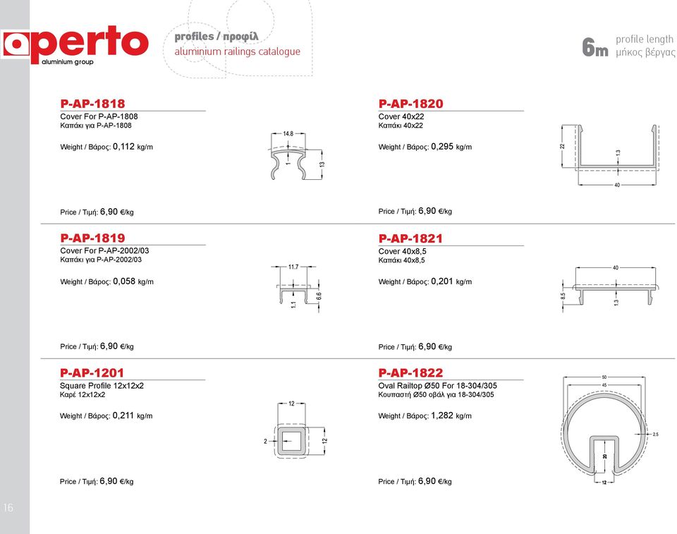 P-AP-2002/03 Weight / Βάρος: 0,058 kg/m P-AP-1821 Cover 40x8,5 Καπάκι 40x8,5 Weight / Βάρος: 0,201 kg/m P-AP-1201 Square Profile