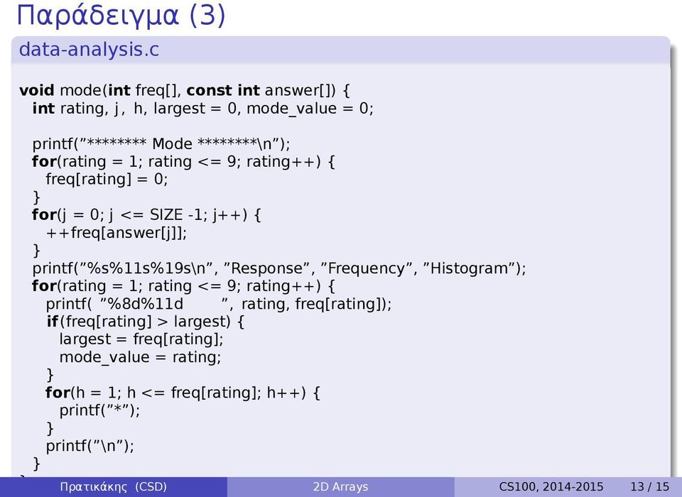 Response, Frequency, Histogram ); for(rating = 1; rating <= 9; rating++) { printf( %8d%11d, rating, freq[rating]); if(freq[rating] > largest) {