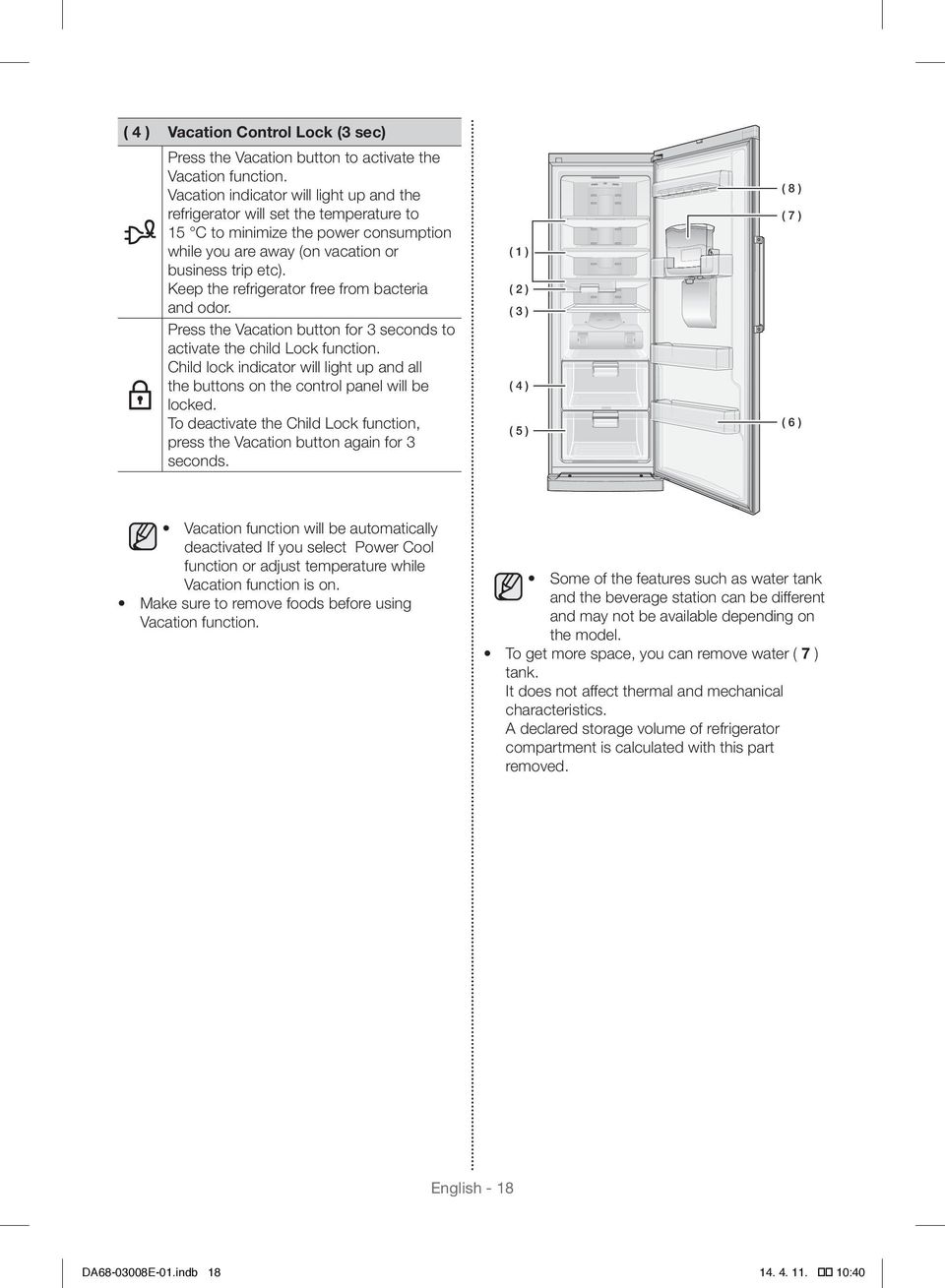 Keep the refrigerator free from bacteria and odor. Press the Vacation button for 3 seconds to activate the child Lock function.