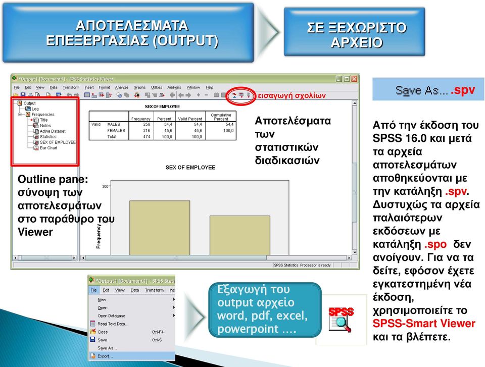 .spv Από την έκδοση του SPSS 16.0 και μετά τα αρχεία αποτελεσμάτων αποθηκεύονται με την κατάληξη.spv. Δυστυχώς τα αρχεία παλαιότερων εκδόσεων με κατάληξη.