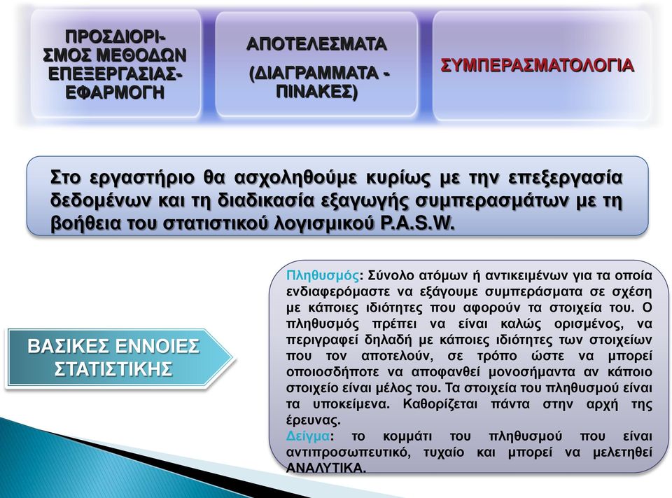 ΒΑΣΙΚΕΣ ΕΝΝΟΙΕΣ ΣΤΑΤΙΣΤΙΚΗΣ Πληθυσμός: Σύνολο ατόμων ή αντικειμένων για τα οποία ενδιαφερόμαστε να εξάγουμε συμπεράσματα σε σχέση με κάποιες ιδιότητες που αφορούν τα στοιχεία του.