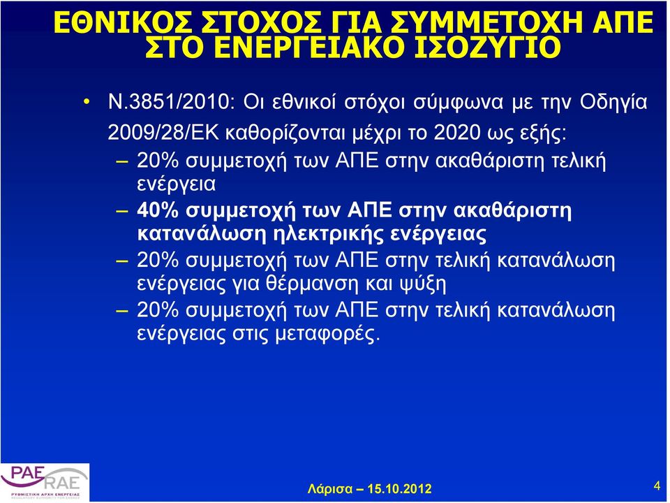 συμμετοχή των ΑΠΕ στην ακαθάριστη τελική ενέργεια 40% συμμετοχή των ΑΠΕ στην ακαθάριστη κατανάλωση