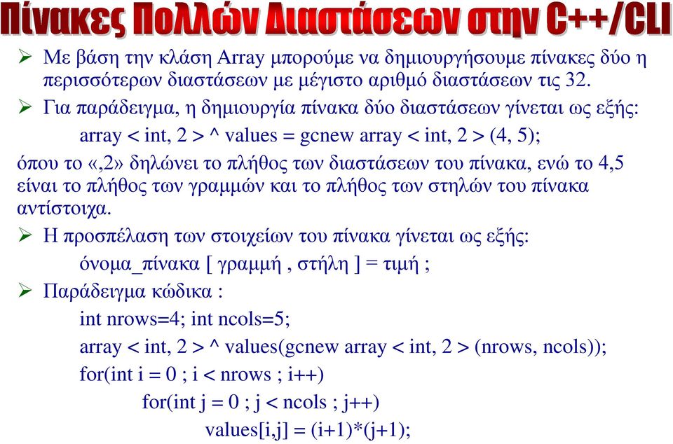 του πίνακα, ενώ το 4,5 είναι το πλήθος των γραμμών και το πλήθος των στηλών του πίνακα αντίστοιχα.