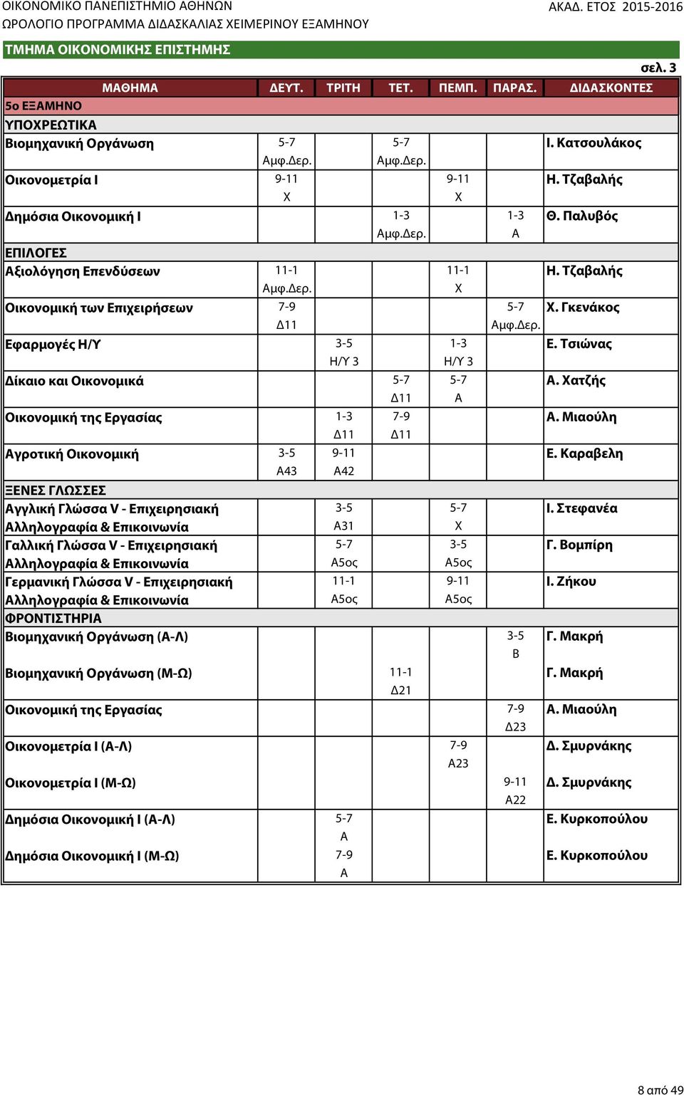 Μιαούλη Αγροτική Οικονομική 3-5 9-11 Ε. Καραβελη Α43 Α42 ΞΕΝΕΣ ΓΛΩΣΣΕΣ Αγγλική Γλώσσα V - Επιχειρησιακή Γαλλική Γλώσσα V - Επιχειρησιακή Γερμανική Γλώσσα V - Επιχειρησιακή 3-5 5-7 Ι.