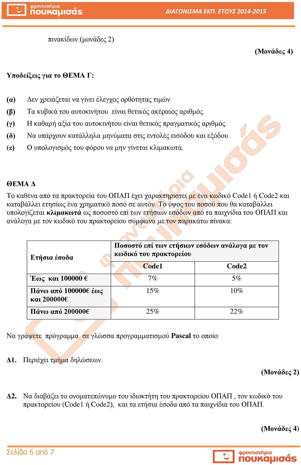 ΘΕΜΑ Δ Το καθένα από τα πρακτορεία του ΟΠΑΠ έχει χαρακτηριστεί με ένα κωδικό Code1 ή Code2 και καταβάλλει ετησίως ένα χρηματικό ποσό σε αυτόν.