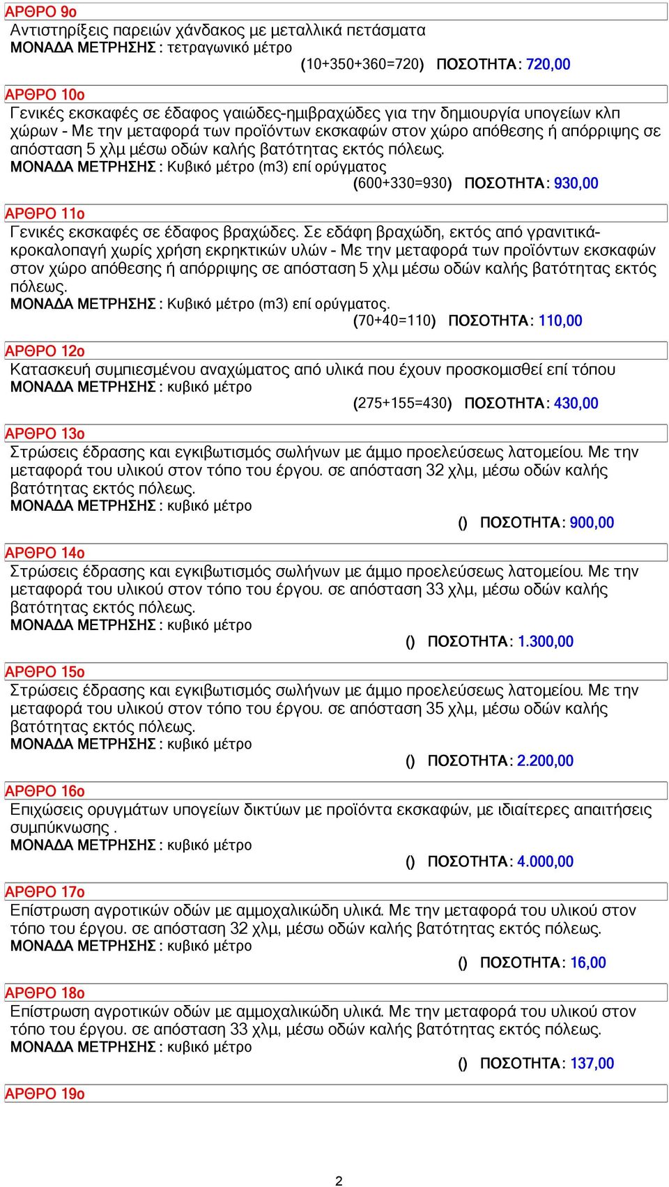 ΜΟΝΑ Α ΜΕΤΡΗΣΗΣ : Κυβικό µέτρο (m3) επί ορύγµατος (600+330=930) ΠΟΣΟΤΗΤΑ: 930,00 ΑΡΘΡΟ 11ο Γενικές εκσκαφές σε έδαφος βραχώδες.