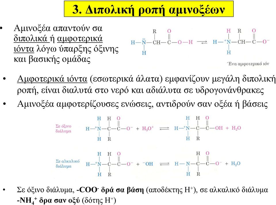 νερό και αδιάλυτα σε υδρογονάνθρακες Αμινοξέα αμφοτερίζουσες ενώσεις, αντιδρούν σαν οξέα ή βάσεις Σε