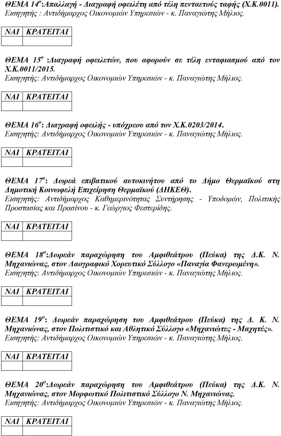 Εισηγητής: Αντιδήμαρχος Καθημερινότητας Συντήρησης - Υποδομών, Πολιτικής Προστασίας και Πρασίνου - κ. Γεώργιος Φεστερίδης. ΘΕΜΑ 18 ο :Δωρεάν παραχώρηση του Αμφιθεάτρου (Πεύκα) της Δ.Κ. Ν.