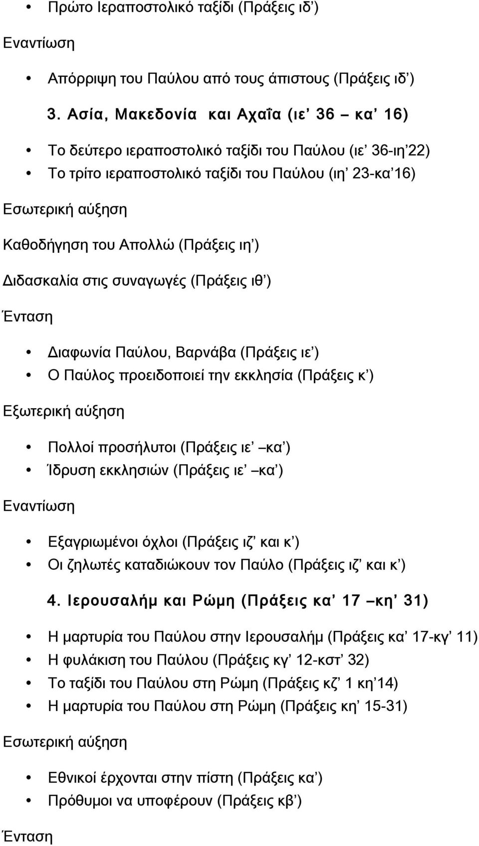 ιη ) Διδασκαλία στις συναγωγές (Πράξεις ιθ ) Ένταση Διαφωνία Παύλου, Βαρνάβα (Πράξεις ιε ) Ο Παύλος προειδοποιεί την εκκλησία (Πράξεις κ ) Εξωτερική αύξηση Πολλοί προσήλυτοι (Πράξεις ιε κα ) Ίδρυση