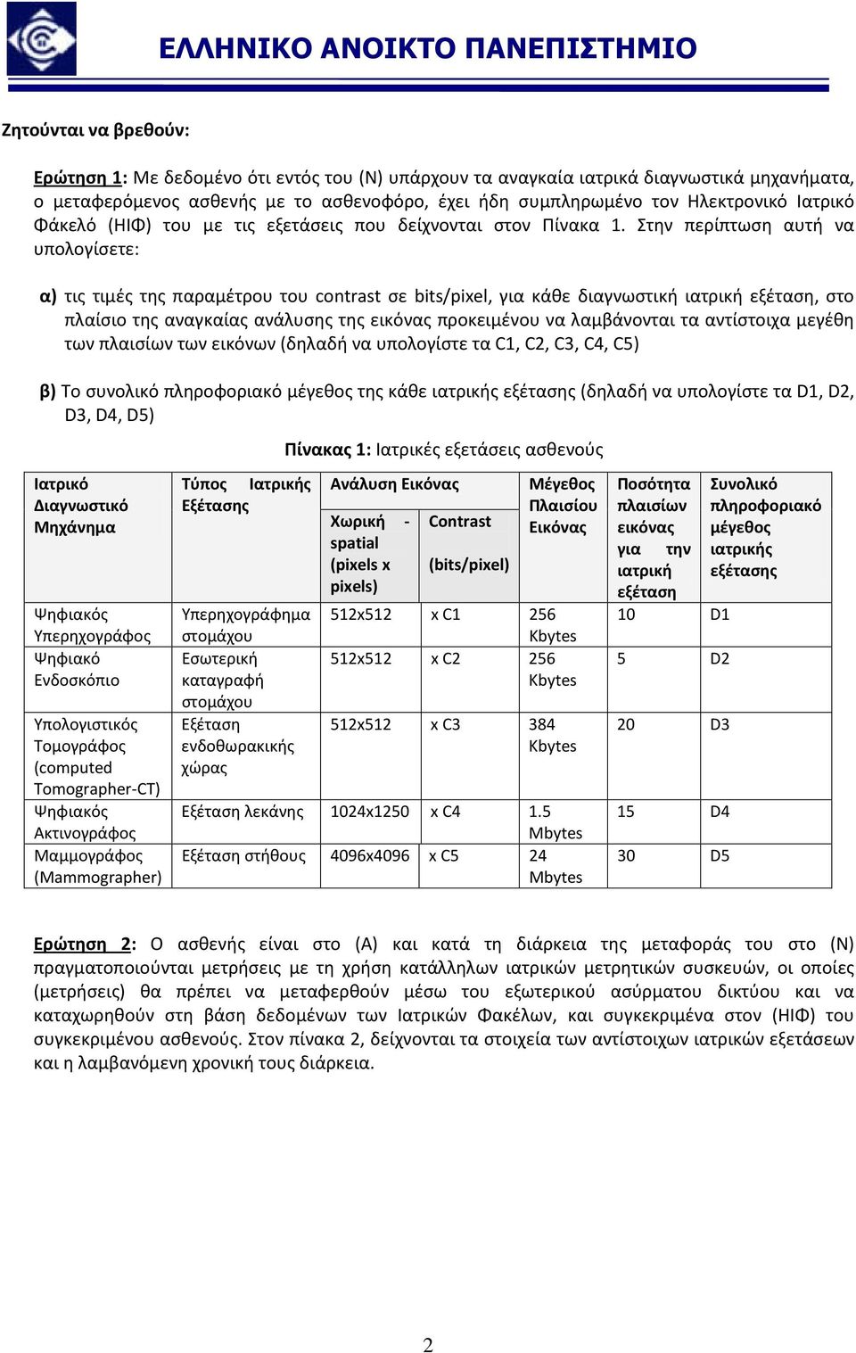 Στην περίπτωση αυτή να υπολογίσετε: α) τις τιμές της παραμέτρου του conras σε bis/pixel, για κάθε διαγνωστική ιατρική εξέταση, στο πλαίσιο της αναγκαίας ανάλυσης της εικόνας προκειμένου να