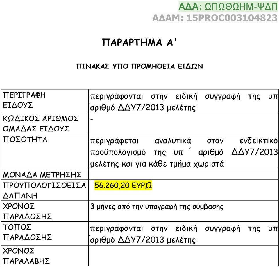 ΔΥ7/2013 μελέτης και για κάθε τμήμα χωριστά ΜΟΝΑΔΑ ΜΕΤΡΗΣΗΣ ΠΡΟΥΠΟΛΟΓΙΣΘΕΙΣΑ ΔΑΠΑΝΗ ΧΡΟΝΟΣ ΠΑΡΑΔΟΣΗΣ ΤΟΠΟΣ ΠΑΡΑΔΟΣΗΣ ΧΡΟΝΟΣ