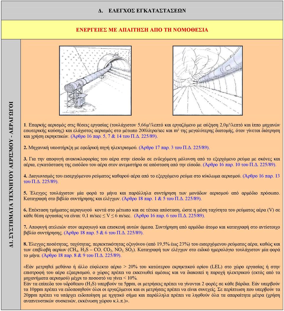 μεγαλύτερης διατομής, όταν γίνεται διάτρηση και χρήση εκρηκτικών. (Άρθρο 16 παρ. 5, 7 & 14 του Π.Δ. 225/89). 2. Μηχανική υποστήριξη με εφεδρική πηγή ηλεκτρισμού. (Άρθρο 17 παρ. 3 