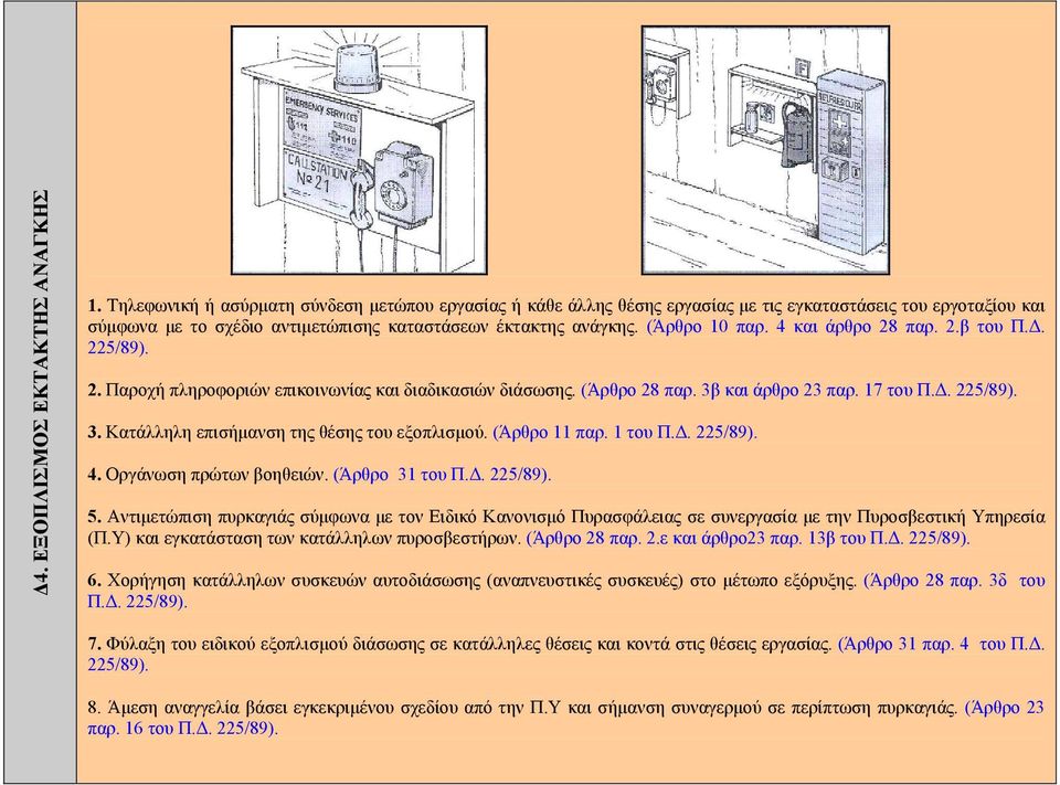 4 και άρθρο 28 παρ. 2.β του Π.Δ. 225/89). 2. Παροχή πληροφοριών επικοινωνίας και διαδικασιών διάσωσης. (Άρθρο 28 παρ. 3β και άρθρο 23 παρ. 17 του Π.Δ. 225/89). 3. Κατάλληλη επισήμανση της θέσης του εξοπλισμού.