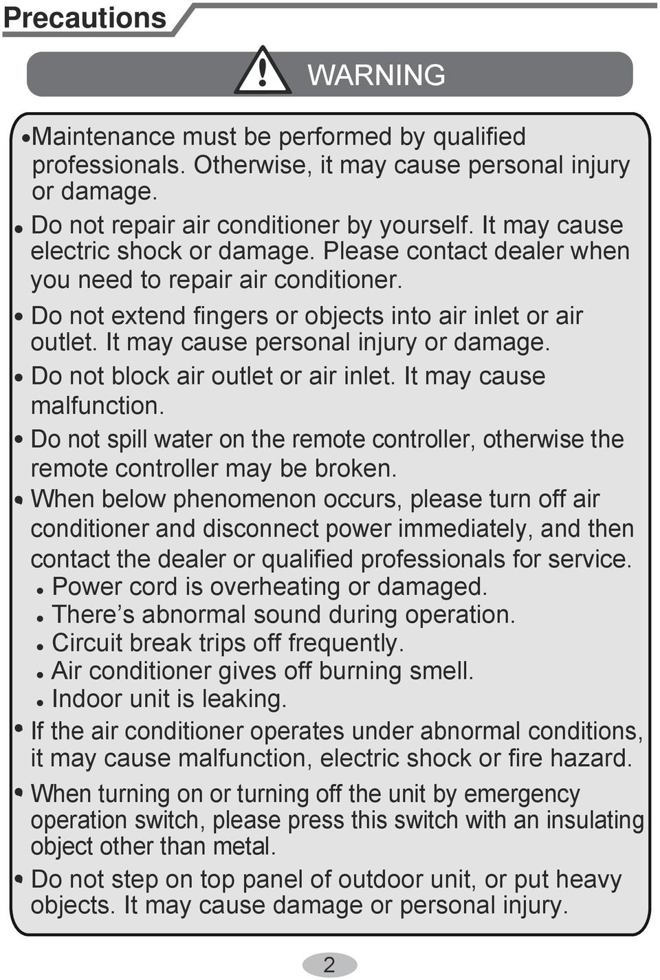 It may cause personal injury or damage. Do not block air outlet or air inlet. It may cause malfunction. Do not spill water on the remote controller, otherwise the remote controller may be broken.