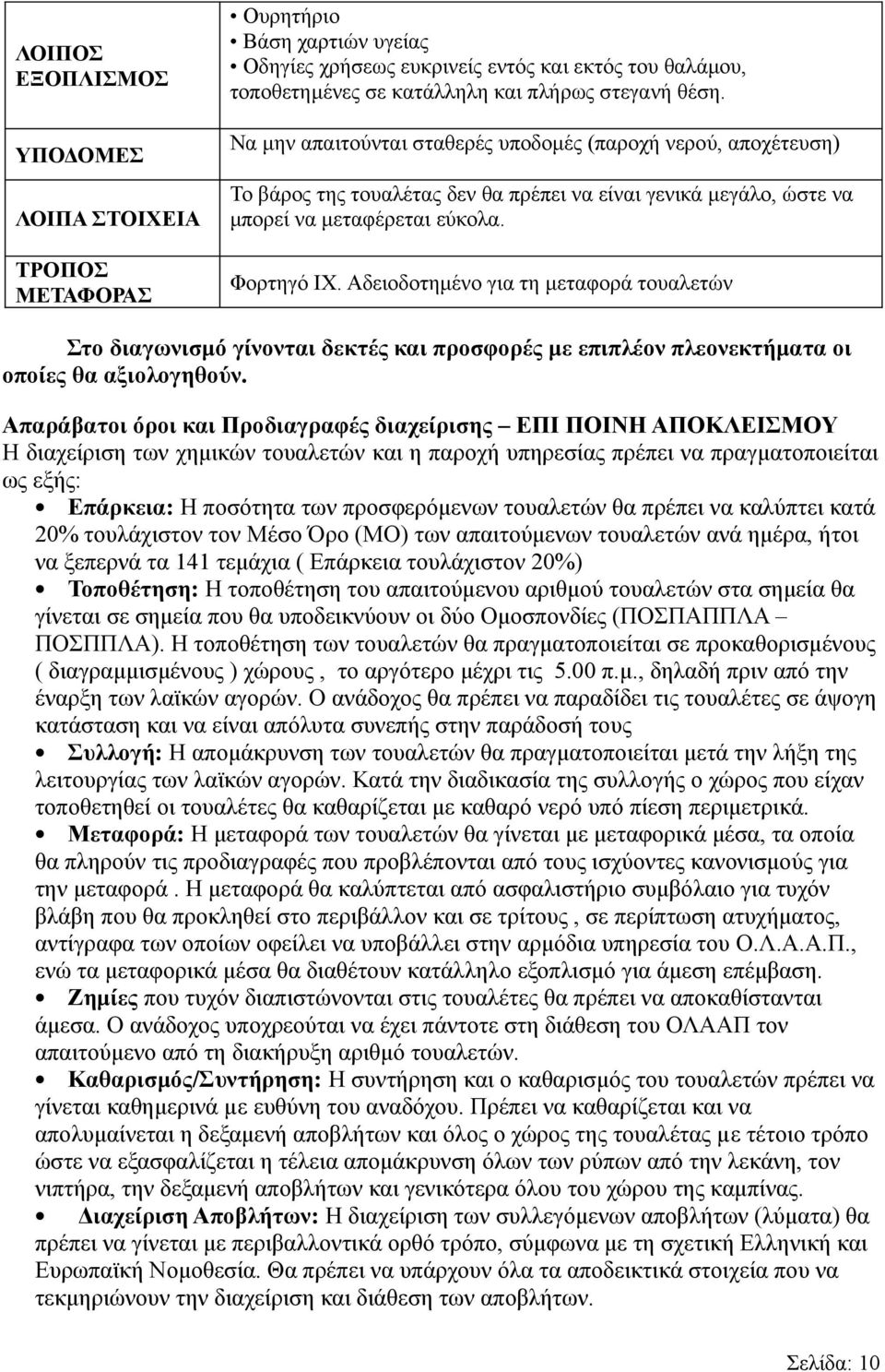 Αδειοδοτημένο για τη μεταφορά τουαλετών Στο διαγωνισμό γίνονται δεκτές και προσφορές με επιπλέον πλεονεκτήματα οι οποίες θα αξιολογηθούν.
