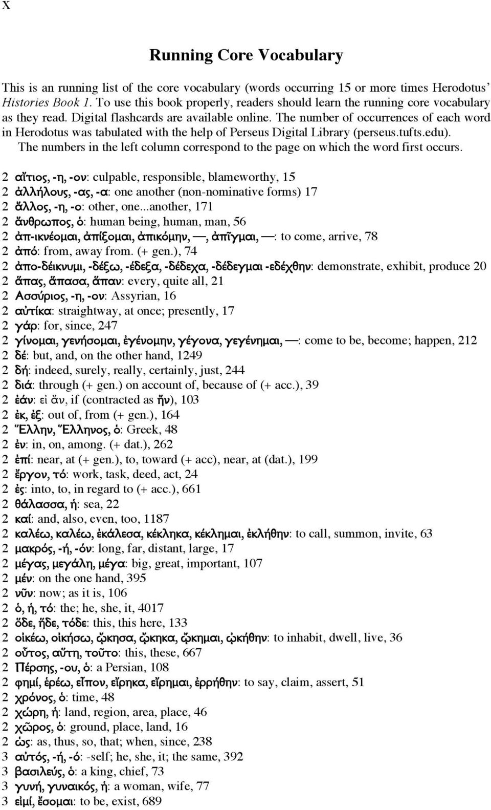 The number of occurrences of each word in Herodotus was tabulated with the help of Perseus Digital Library (perseus.tufts.edu).